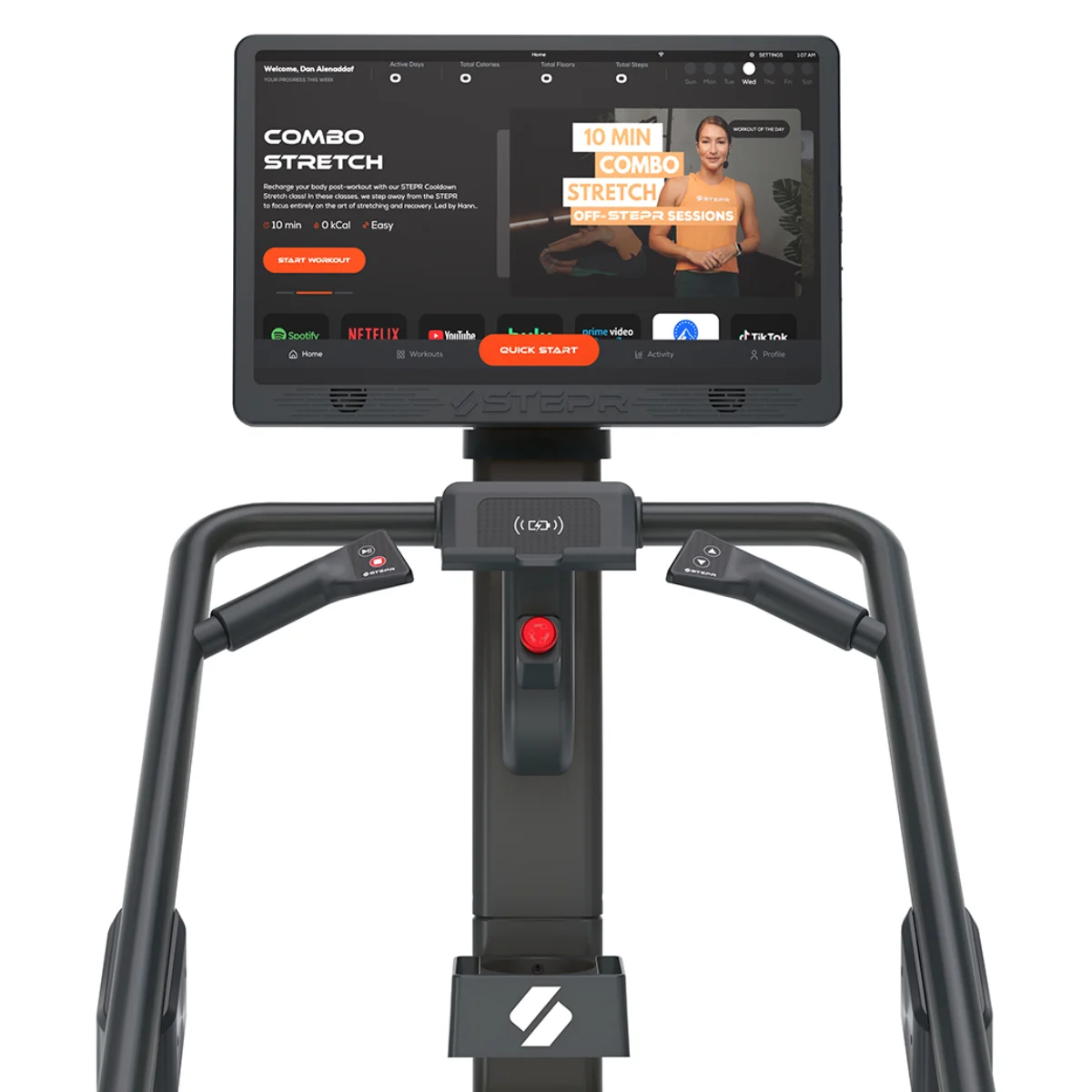 A black fitness machine with a large touchscreen displaying a stretching program.