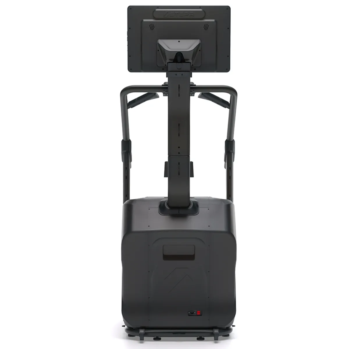 A black exercise machine with a screen and handles, viewed from the rear.