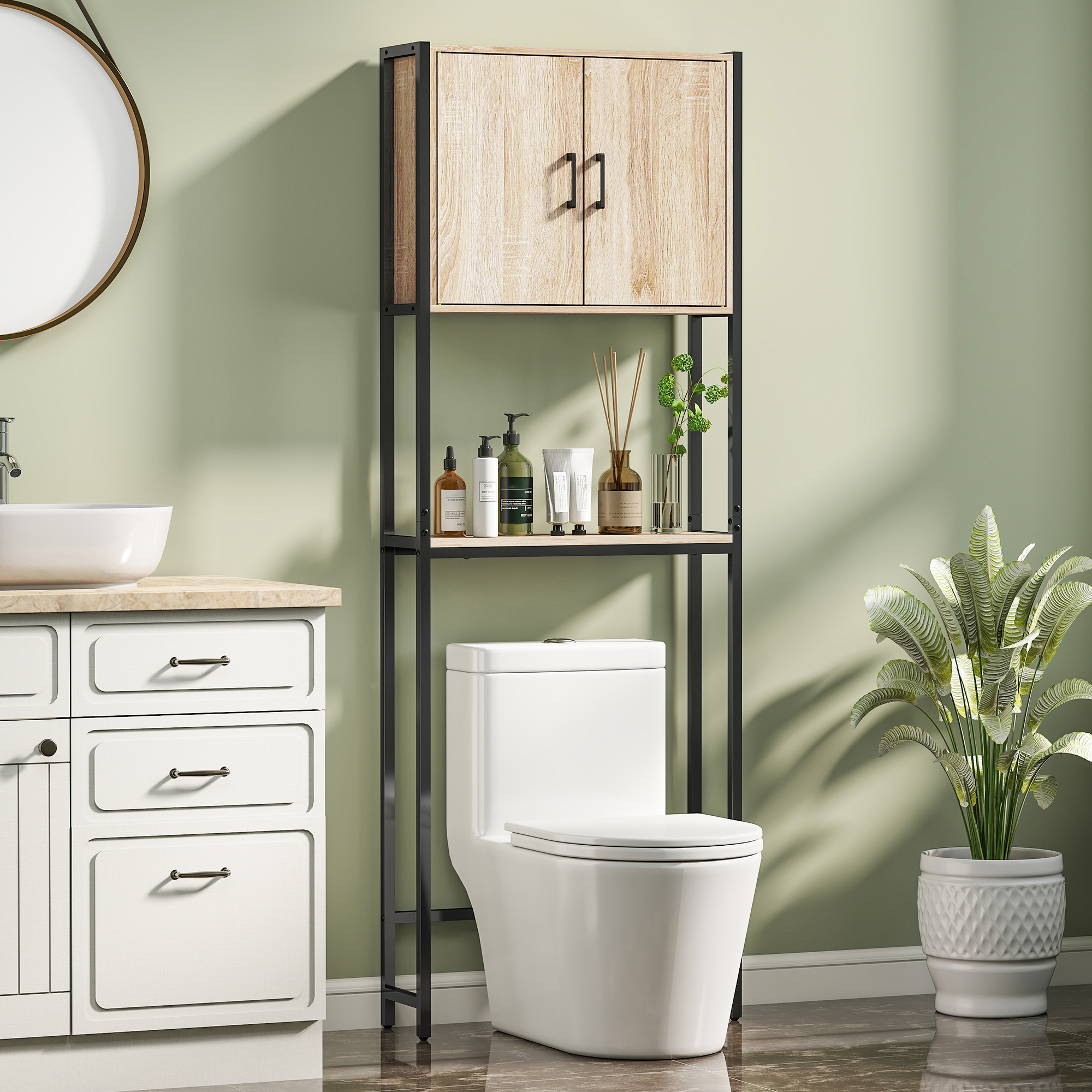Muebles de baño con inodoro, lavabo, espejo y plantas.
