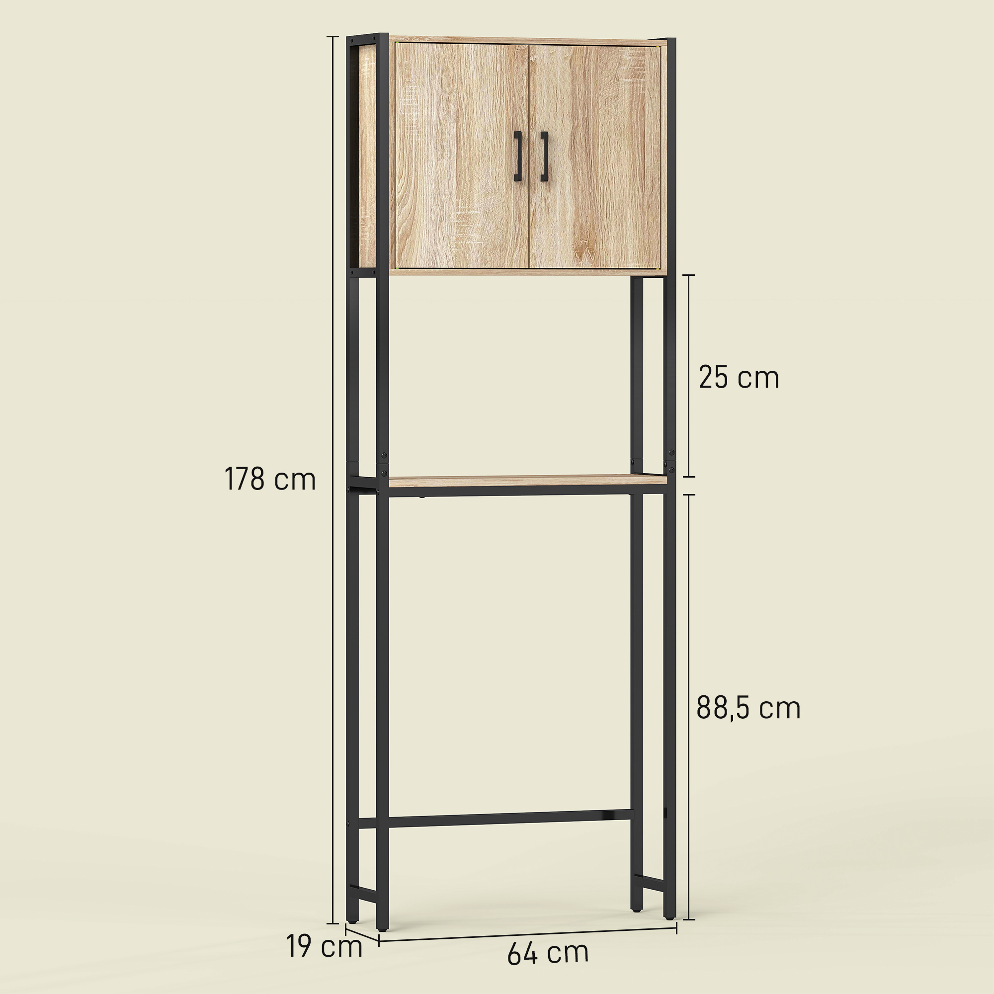 Estantería estrecha con puertas de madera arriba y un estante de madera. Marco de metal negro.