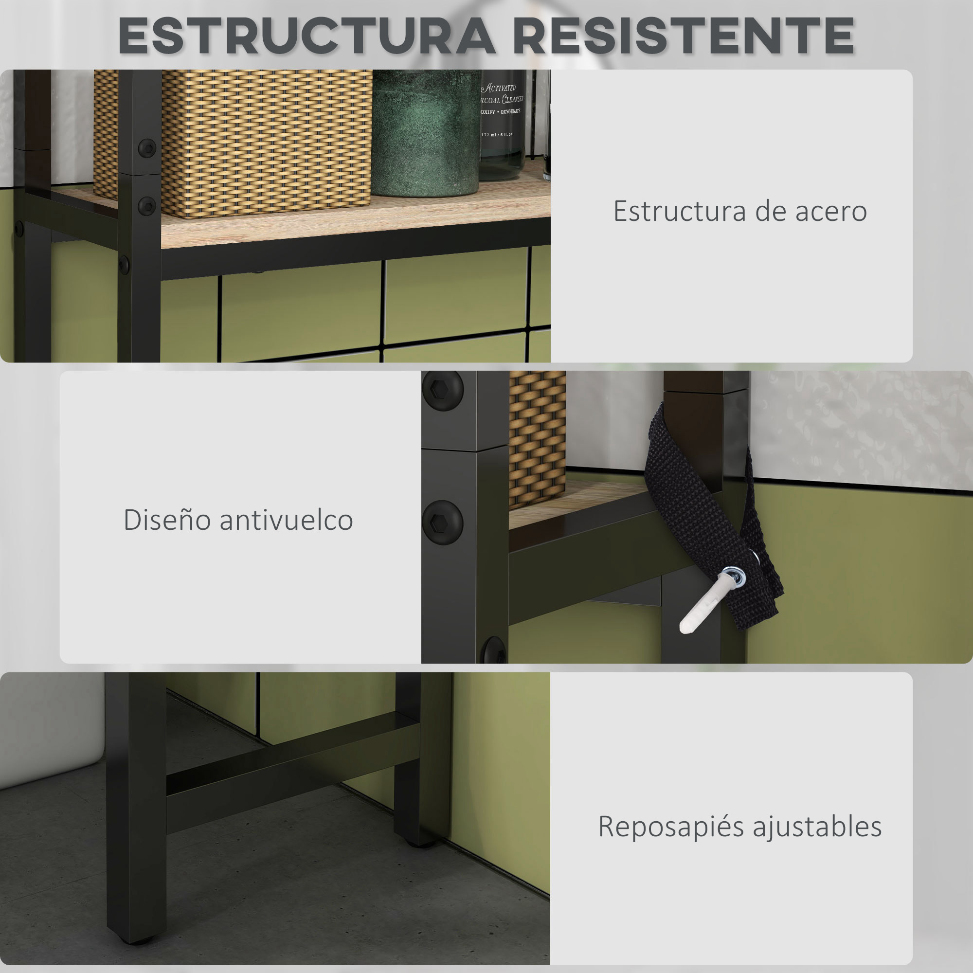 Estantería con baldas de madera, marco de metal, cesta y botellas.