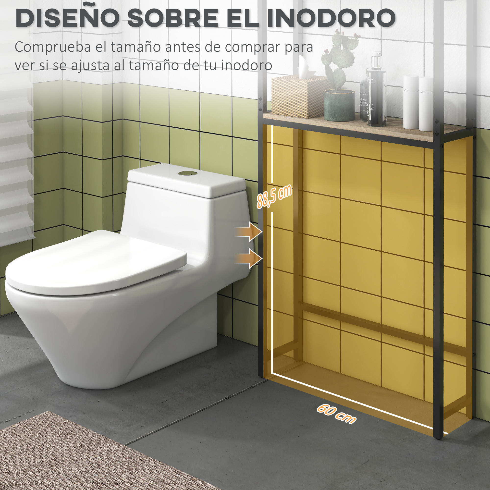 Un inodoro blanco junto a un estante con fondo amarillo. Medidas 88,5x60 cm.