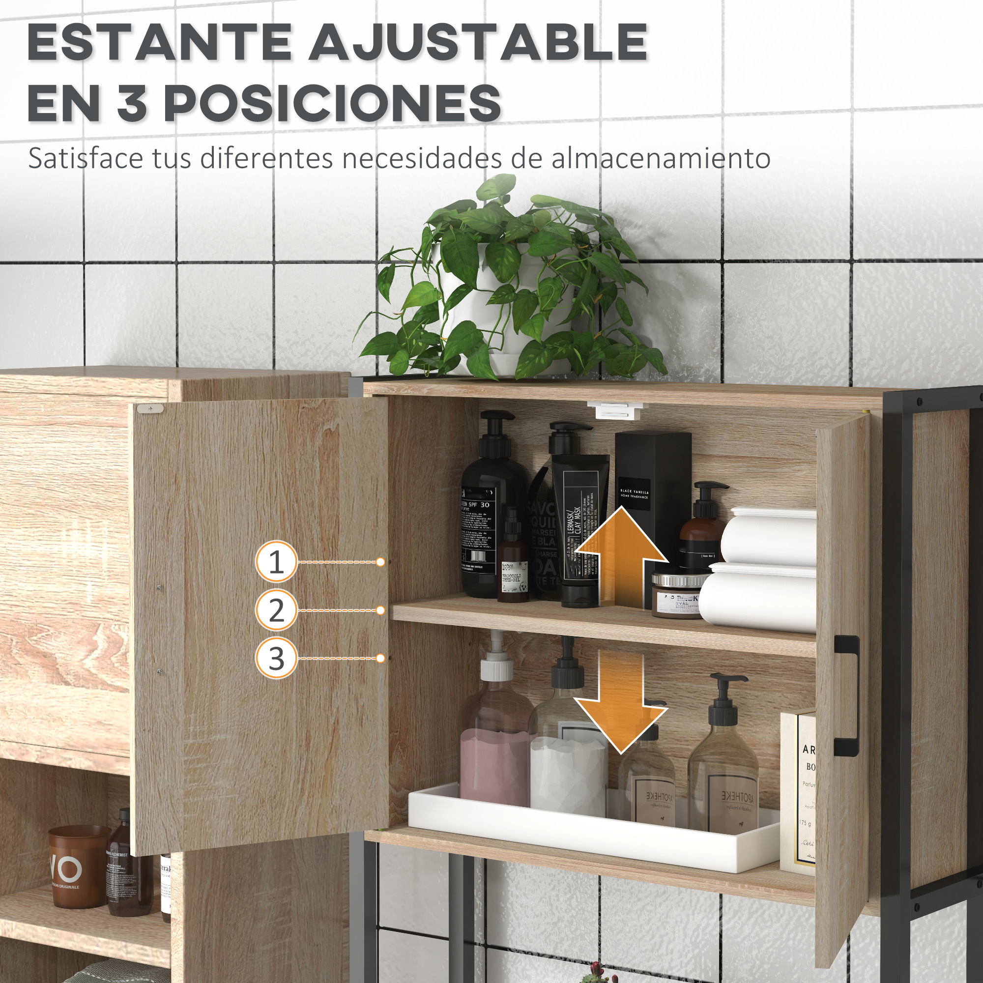 Un estante de madera con azulejos blancos al fondo, lleno de botellas y toallas.