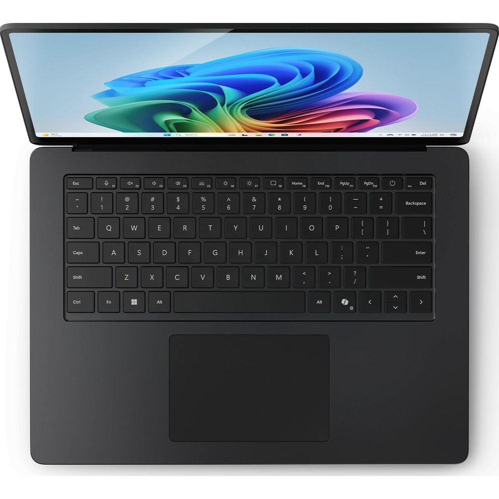 Schwarzer Laptop mit geöffnetem Deckel, der farbenfrohe abstrakte Tapete auf dem Bildschirm zeigt.