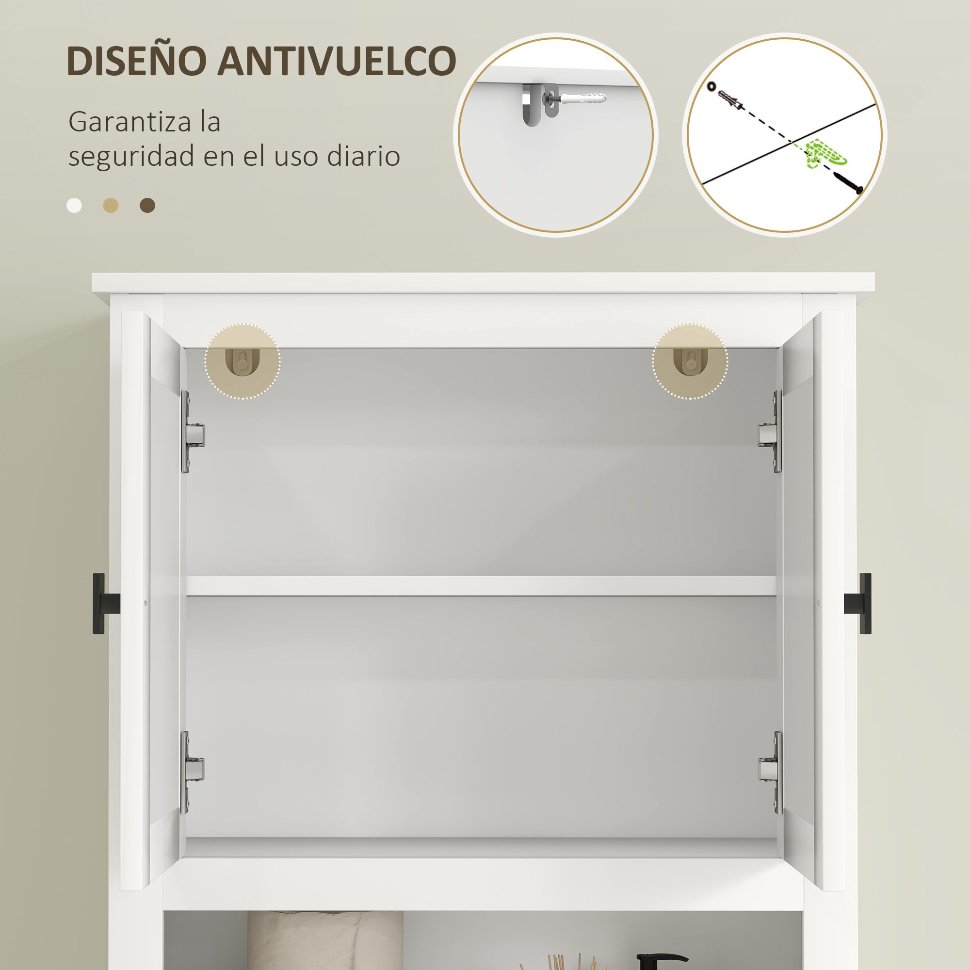 Gabinete blanco abierto con dos estantes y detalles de seguridad antivuelco.