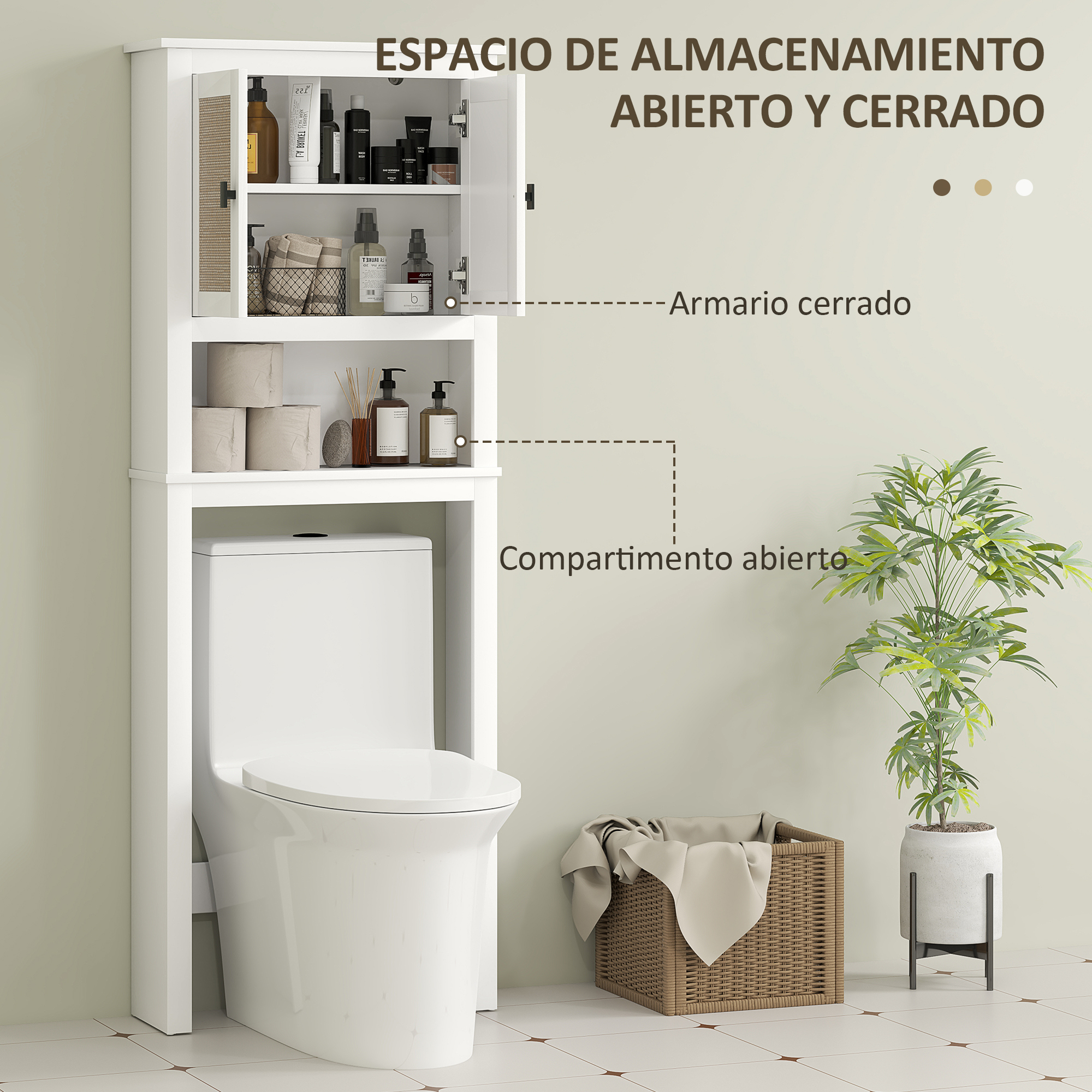 Un mueble de baño blanco sobre un inodoro, con compartimentos abiertos y cerrados.