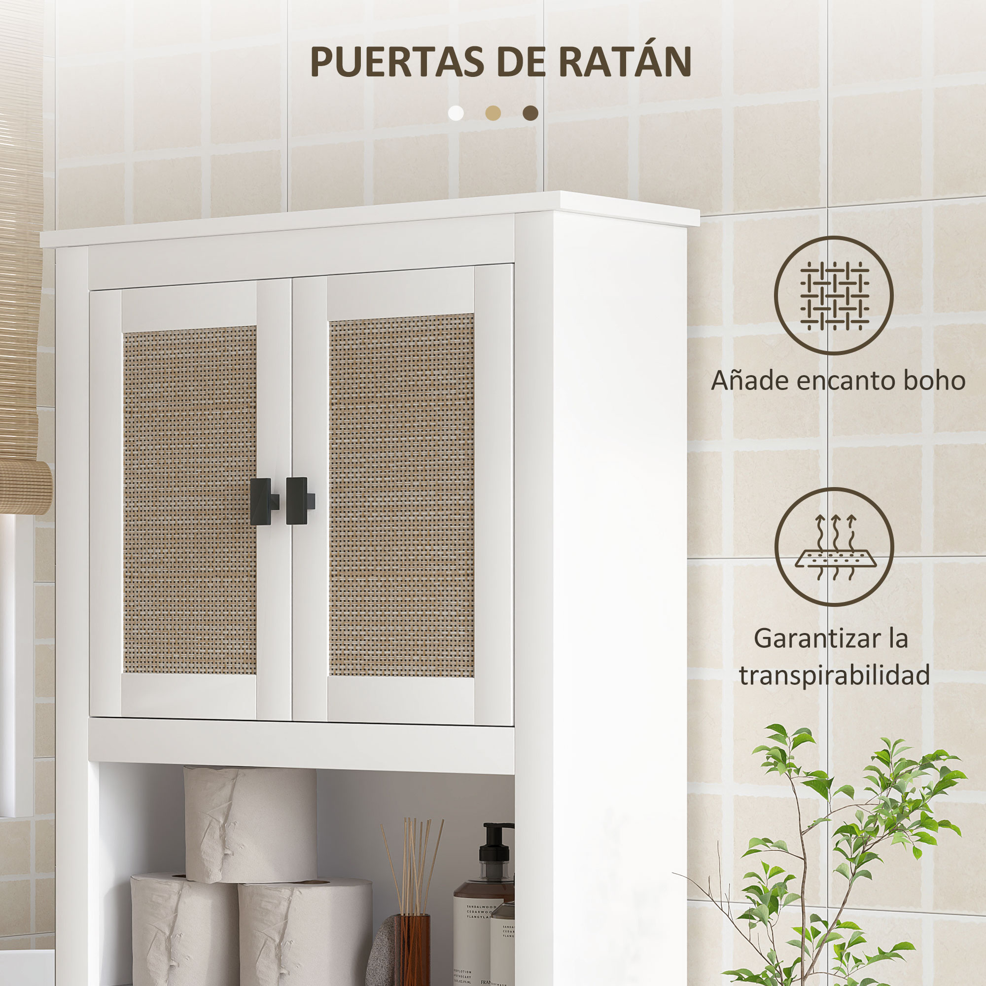 Un armario blanco con puertas de ratán y rollos de papel higiénico.