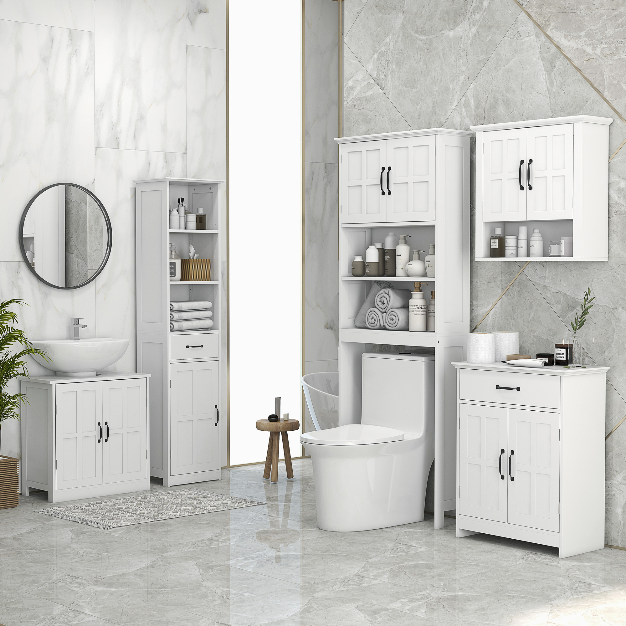 Un baño blanco con inodoro, lavabo y varios armarios de almacenaje.