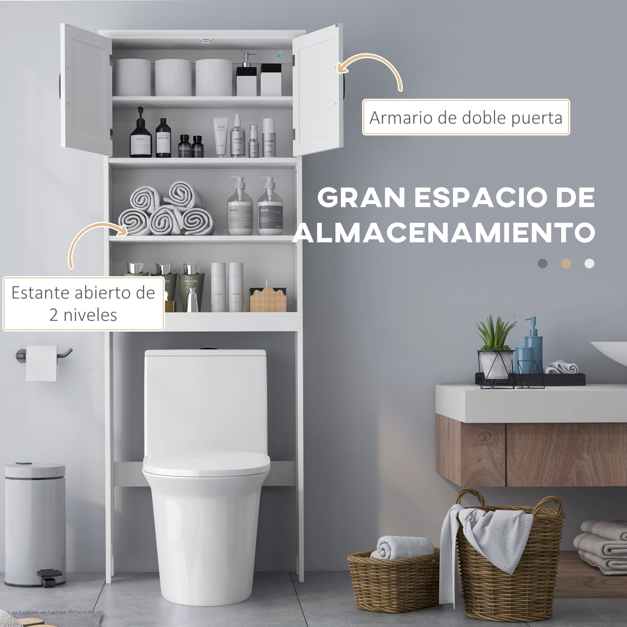 Un estante de baño blanco sobre un inodoro, con estantes abiertos y armarios.