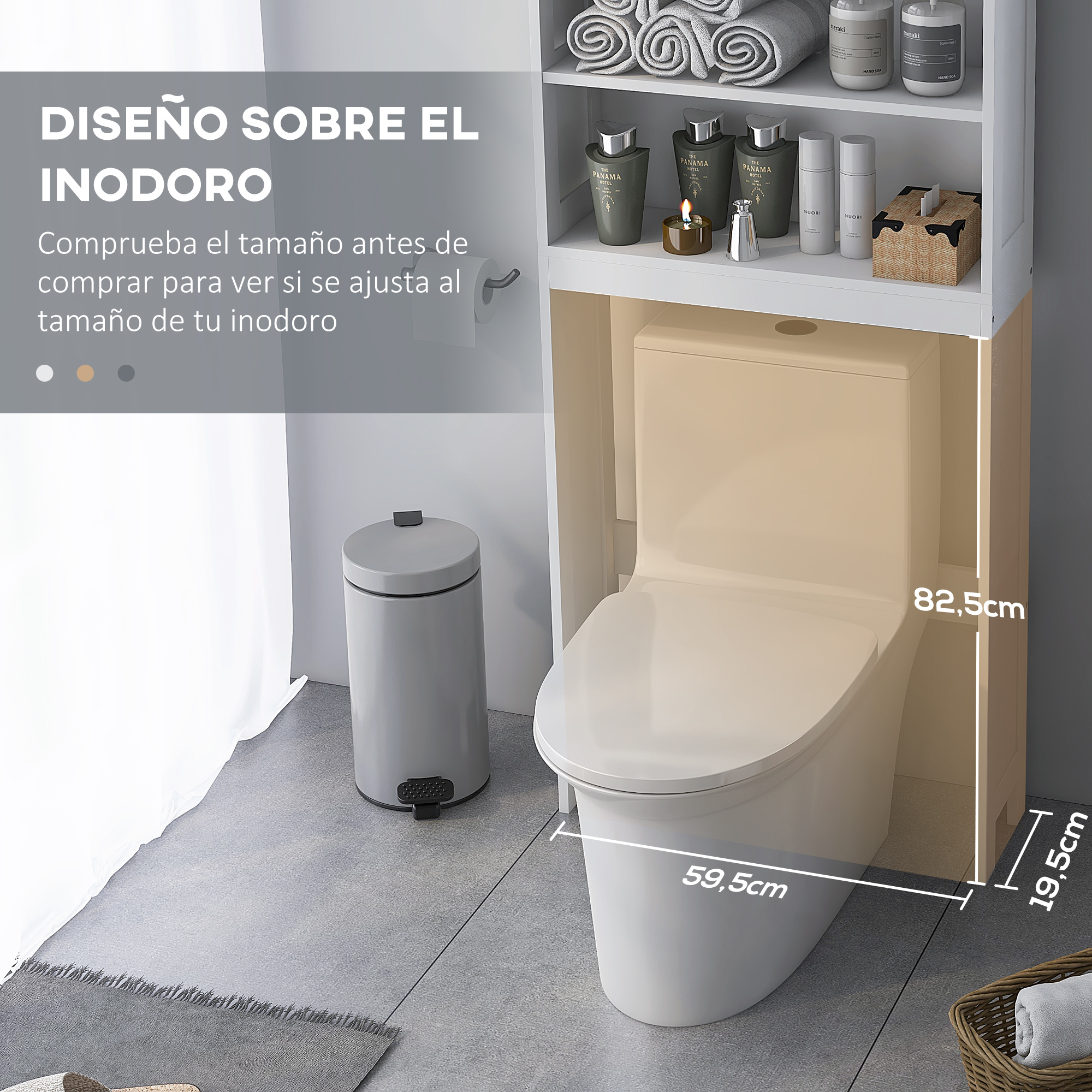 Un inodoro blanco con un estante encima, surtido de artículos de tocador y toallas.