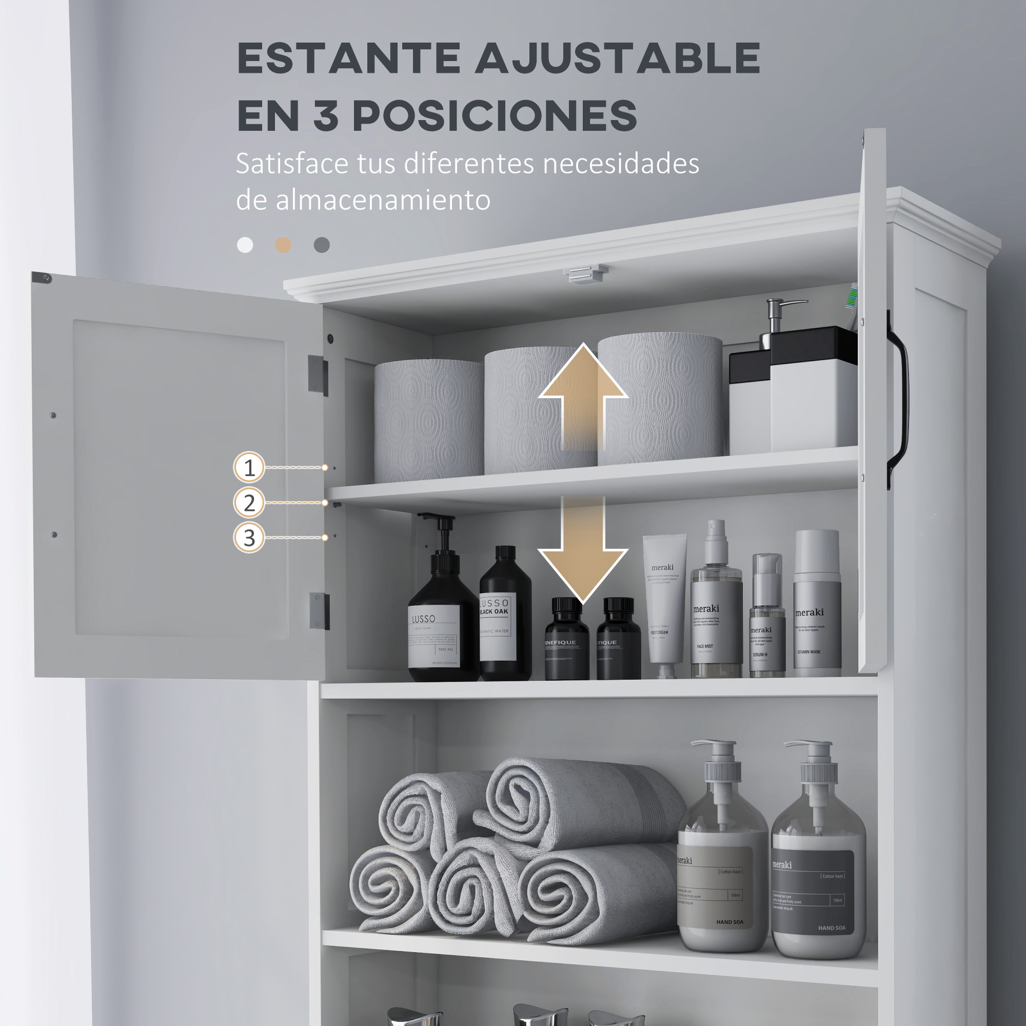 Un mueble de baño blanco con estantes ajustables, surtido de papel higiénico, jabones y toallas.