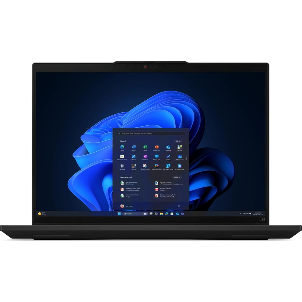 Un ordinateur portable noir affichant le menu Démarrer de Windows 11 sur fond bleu.