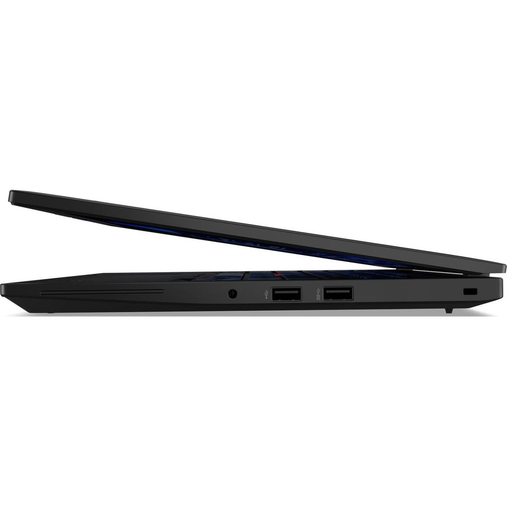 Vue latérale d'un ordinateur portable noir, capot ouvert, ports USB et clavier visibles.