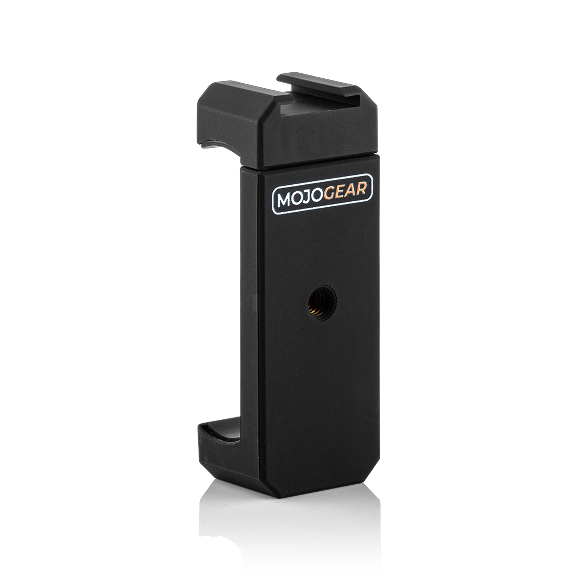 Zwarte telefoonhouder met MOJOGEAR-logo en flitsschoenbevestiging.