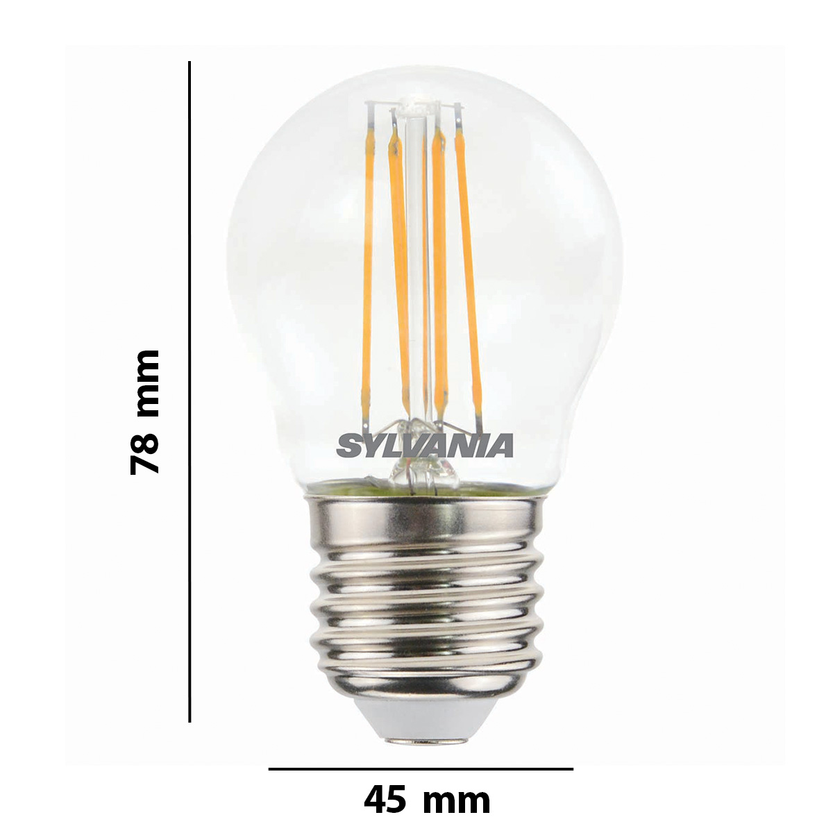 Une ampoule Sylvania transparente avec culot à vis argenté, 78mm de haut, 45mm de large.