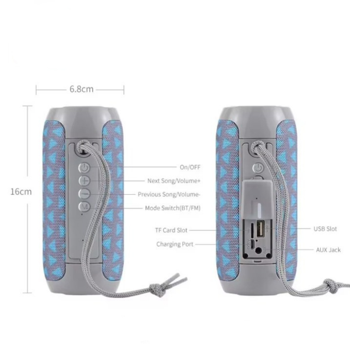 Grauer Bluetooth-Lautsprecher mit blauem Dreiecksmuster, 16cm hoch, 6,8cm breit.