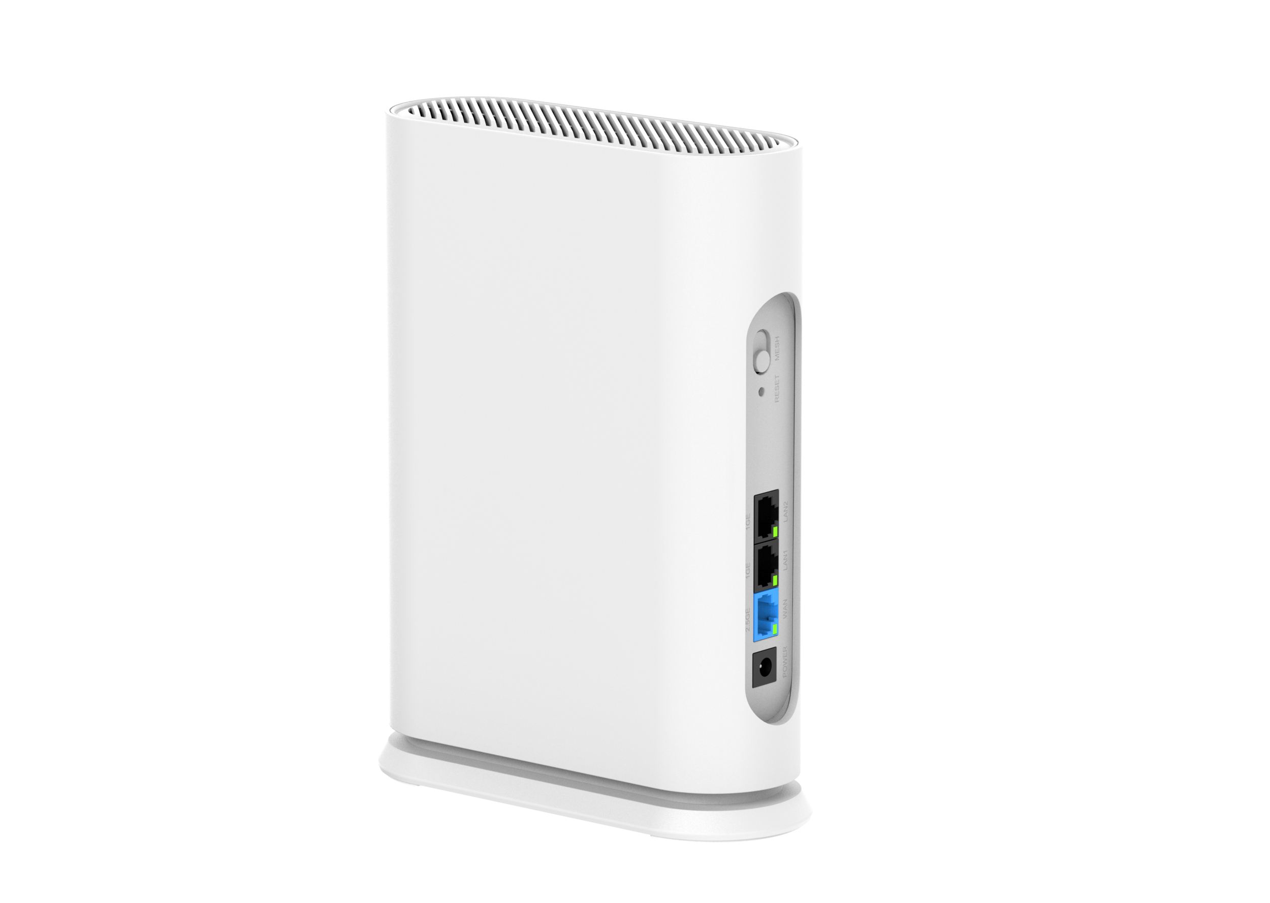 Ein weißer Router mit Lüftungsschlitzen oben und Anschlüssen hinten.