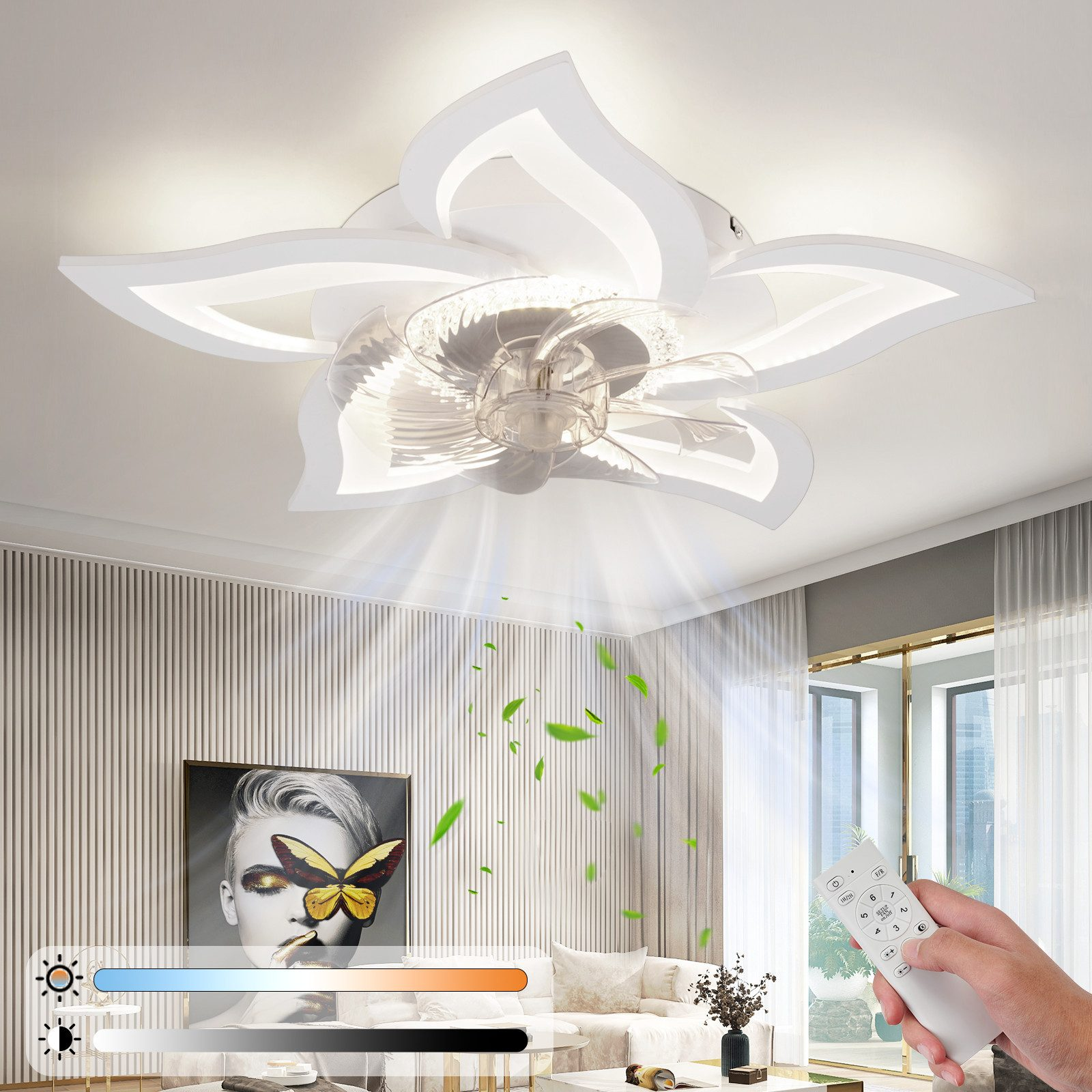 Eine weiße Deckenventilatorlampe in Blumenform mit transparenten Flügeln und Fernbedienung.