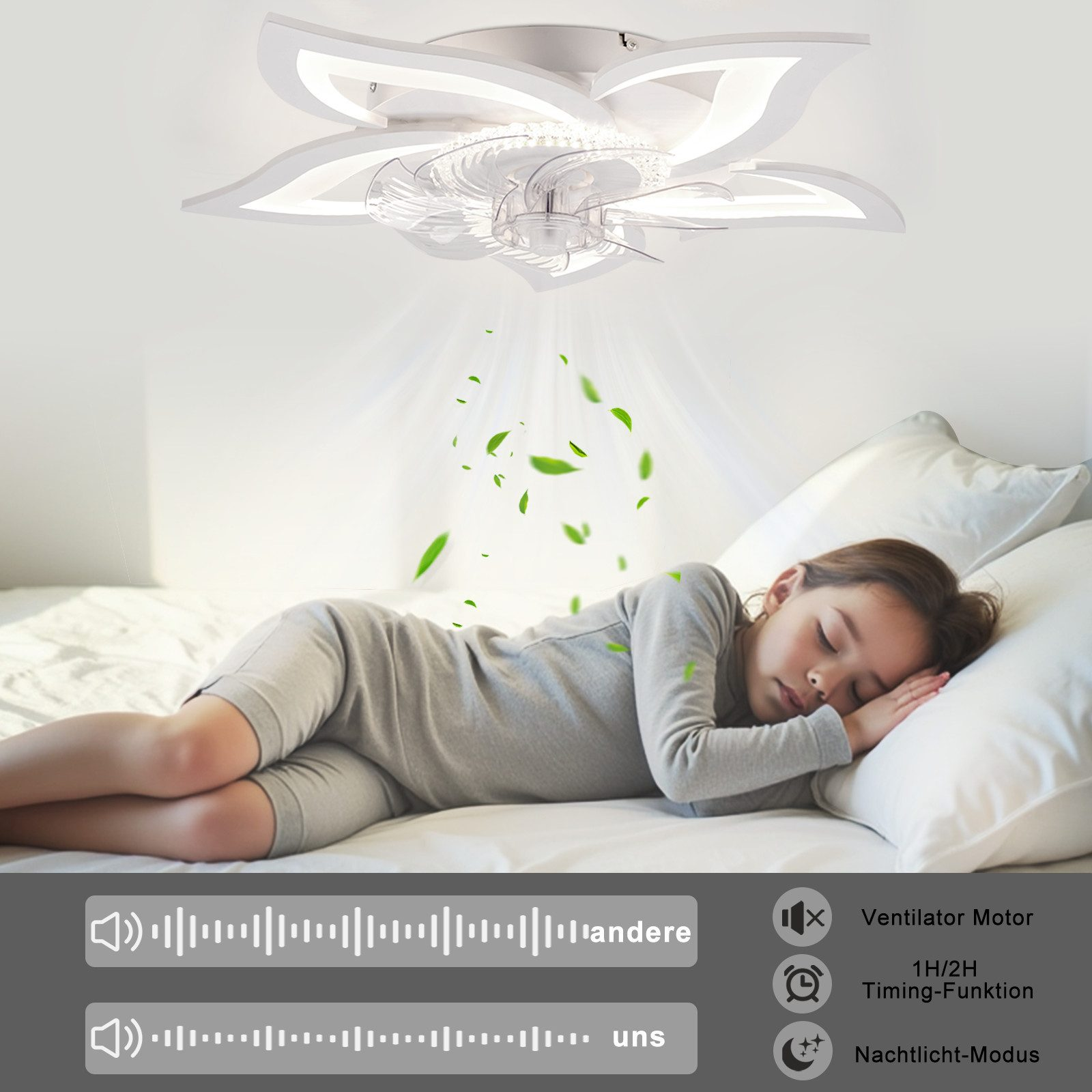Ein Mädchen schläft auf einem Bett unter einer Deckenventilator-Lampe, die Luft und Blätter symbolisiert.