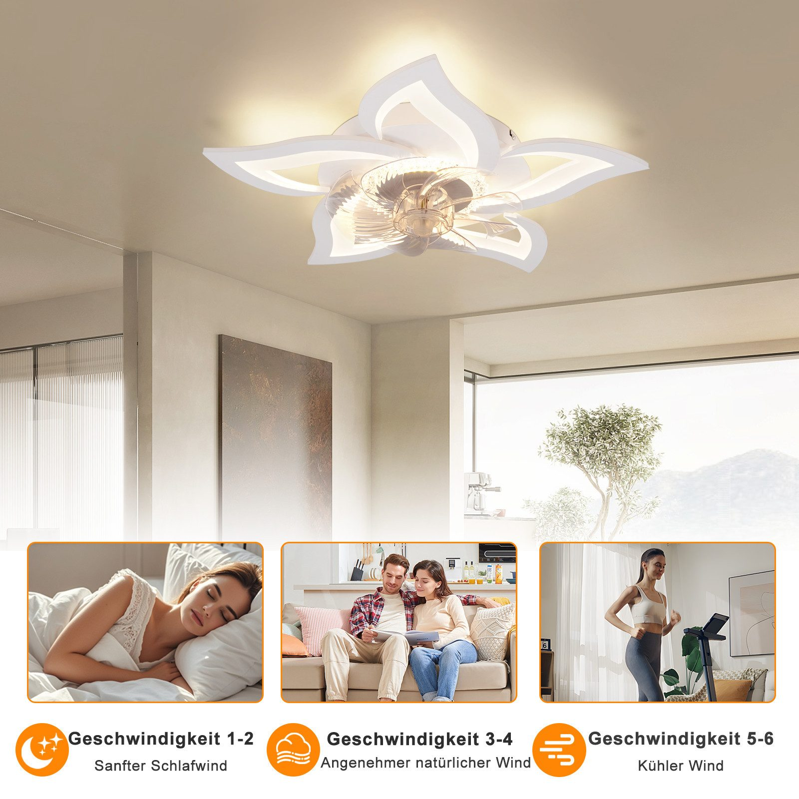 Deckenventilator mit Licht im Blütenblattdesign, zeigt drei Szenen: Schlafen, Entspannen, Sport.