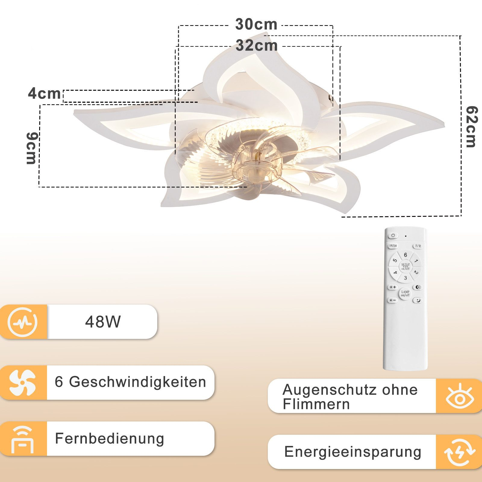Deckenventilator mit Lampe: 48W, 6 Geschwindigkeiten, Fernbedienung.