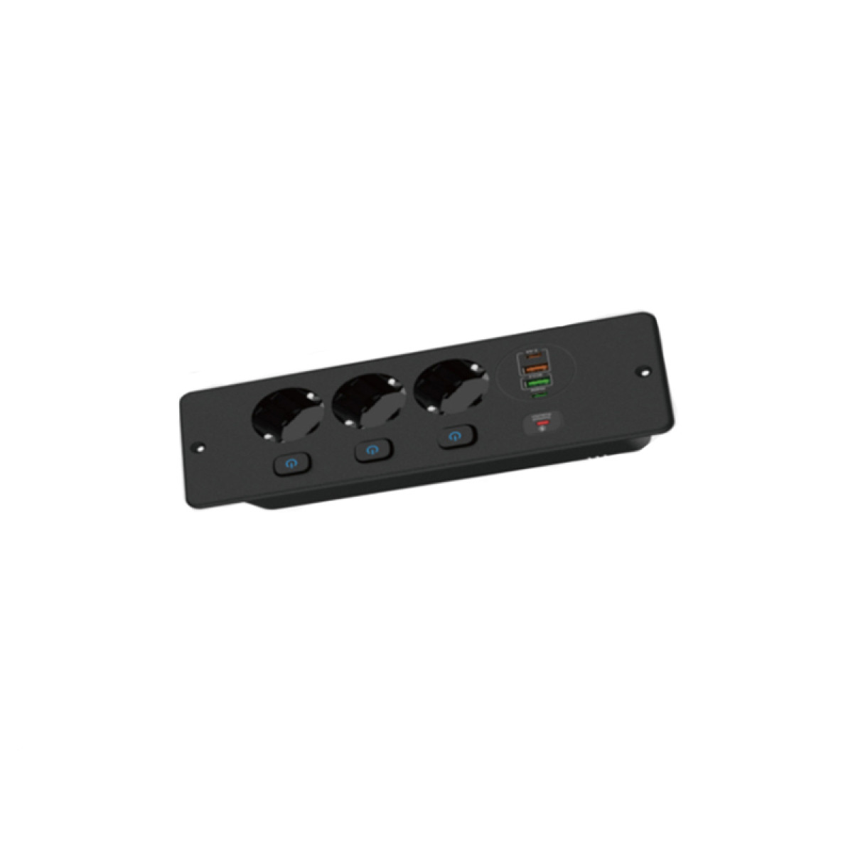 Schwarze Steckdosenleiste mit drei Steckdosen, zwei USB-Anschlüssen und Schaltern.