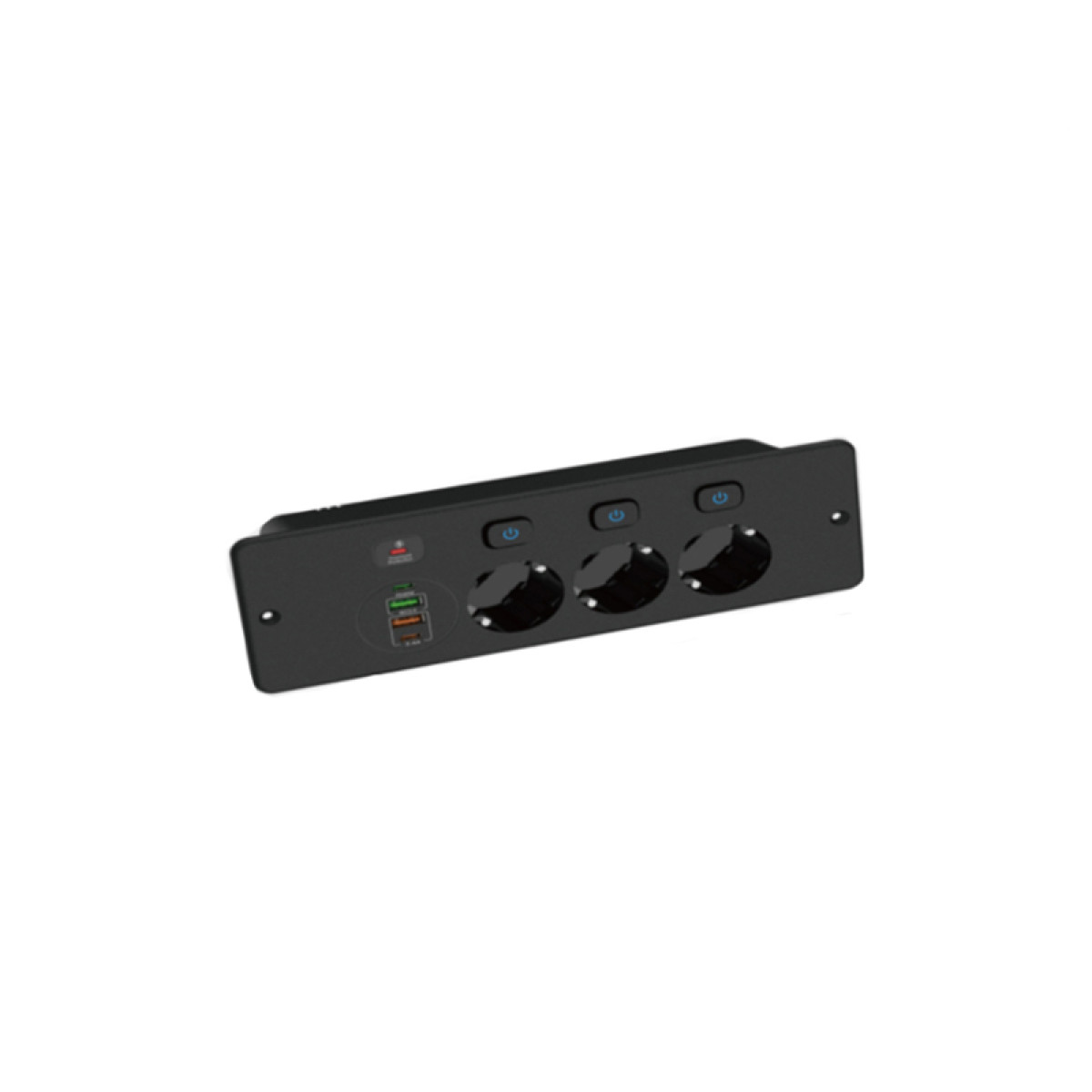 Schwarze Steckdosenleiste mit 3 Steckdosen, 2 USB-Anschlüssen und Ein-/Aus-Schaltern.