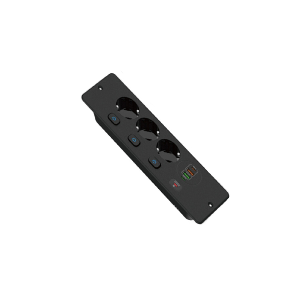 Schwarze Steckdosenleiste mit drei Steckdosen und USB-Anschlüssen.