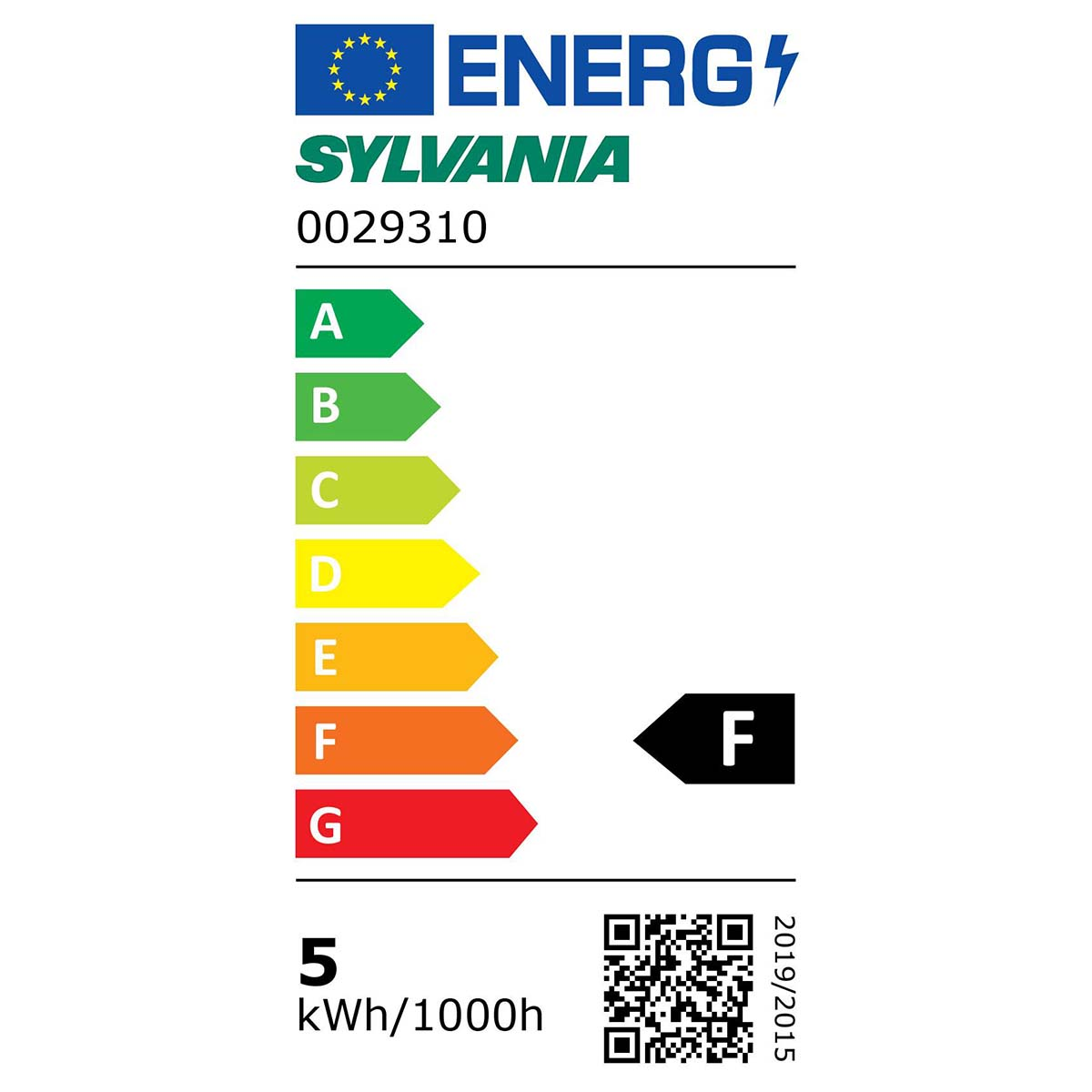 Étiquette énergétique avec 'F' comme classe d'efficacité énergétique, 5 kWh/1000h.