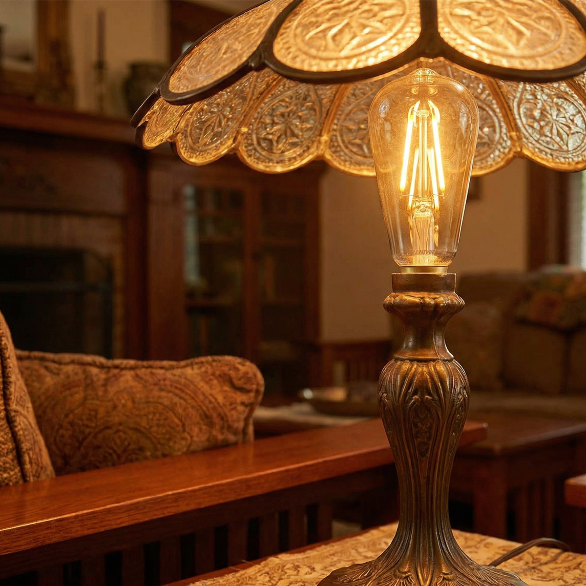 Une lampe ancienne avec ampoule et abat-jour orné est posée sur une table.
