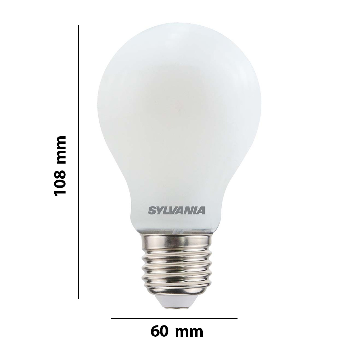 Une ampoule Sylvania blanche à culot à vis, 108 mm de haut et 60 mm de large.