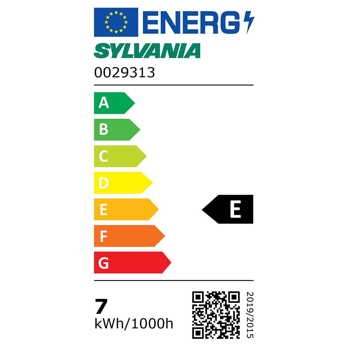 Étiquette énergie avec étoiles UE, logo Sylvania, code produit, échelle A-G, classe E.
