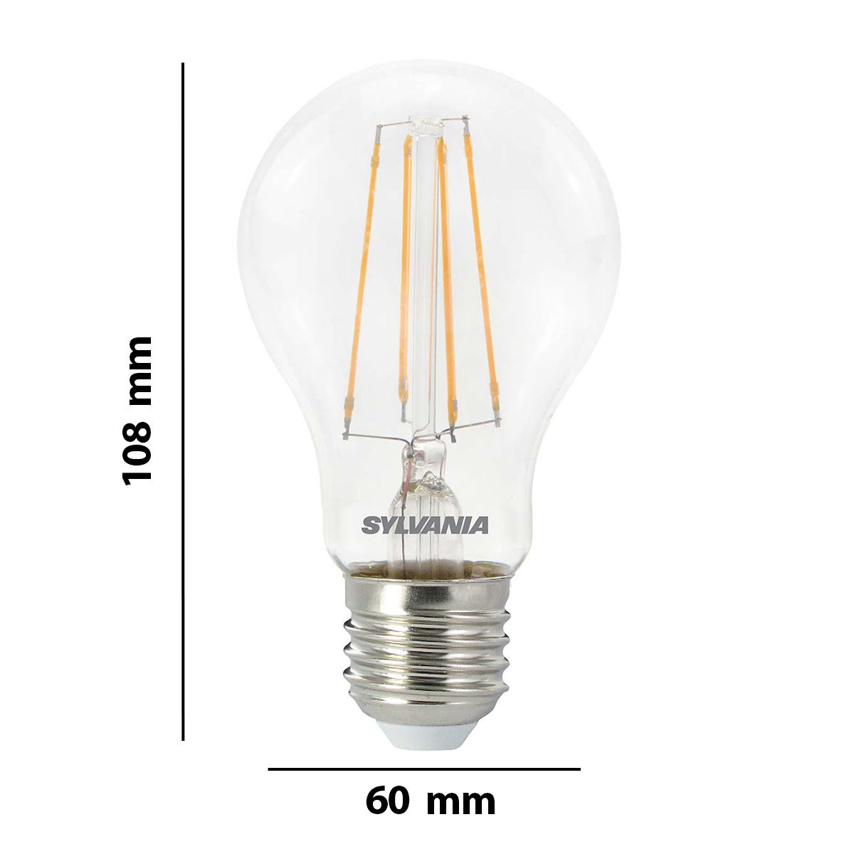 Une ampoule transparente avec filaments et culot visibles. Dimensions : 108mm x 60mm.