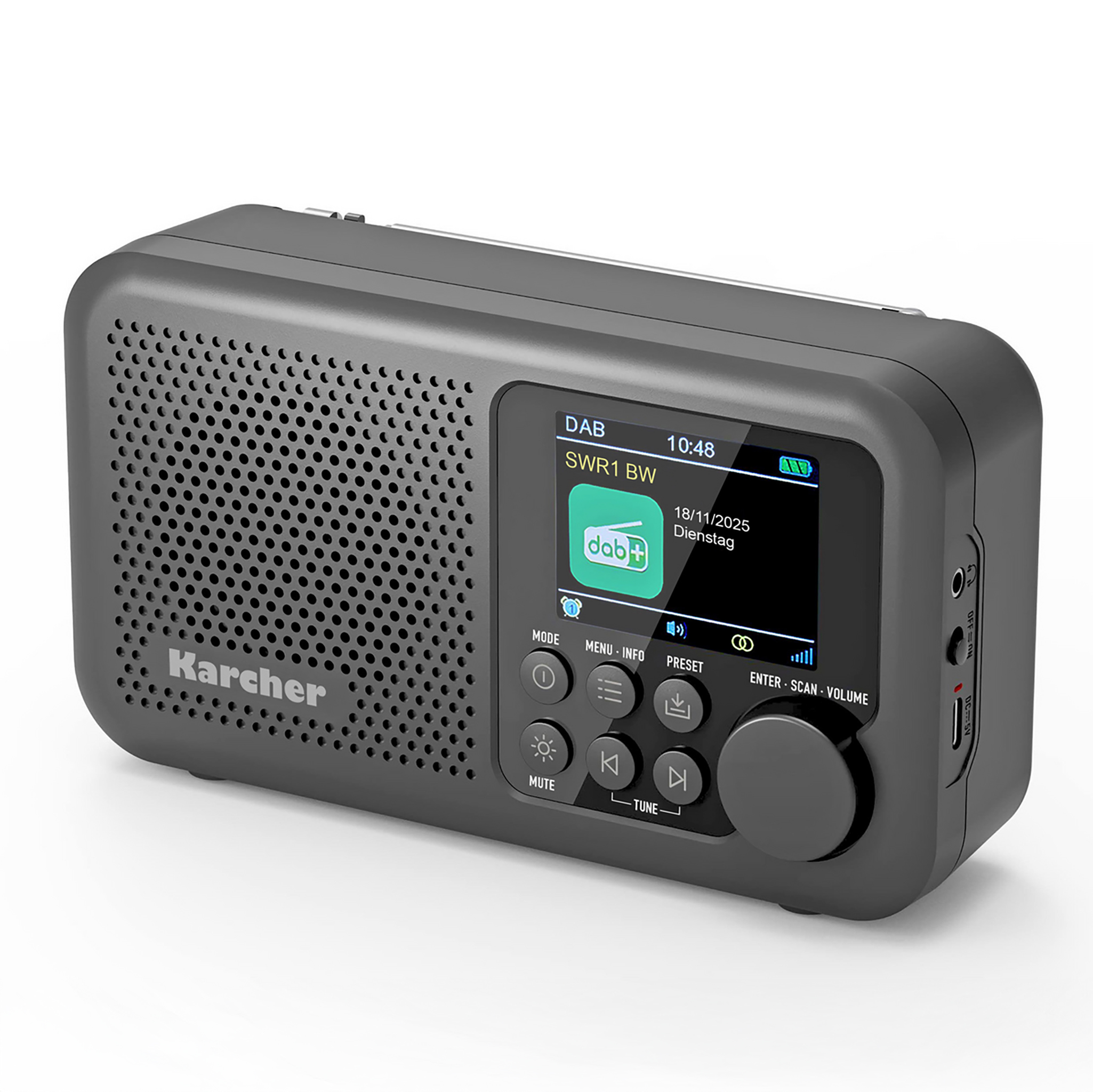 Grauer Kärcher DAB+ Radio mit Display, Lautsprecher und Bedienelementen.