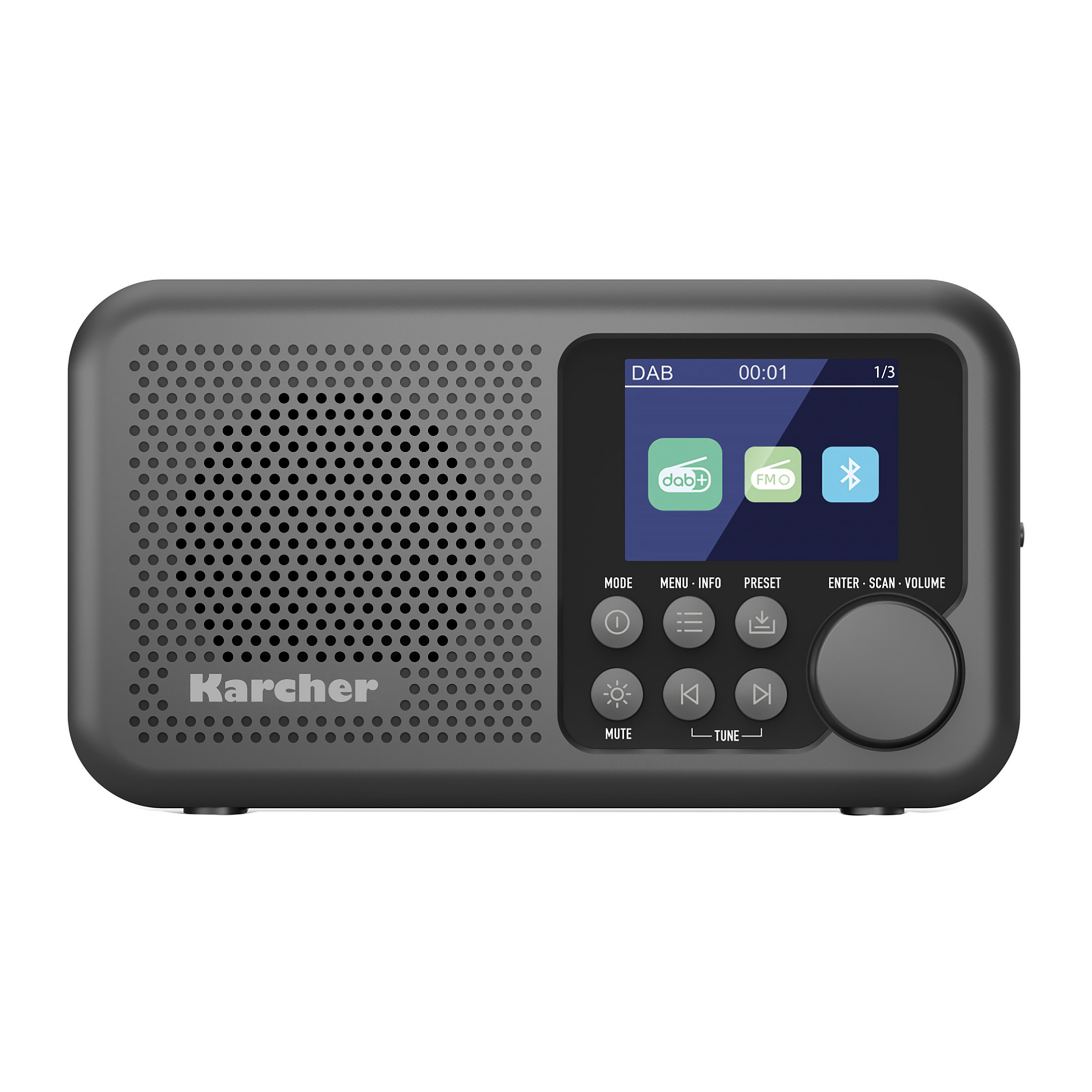 Grauer Kärcher DAB-Radio mit Bildschirm und Tasten.