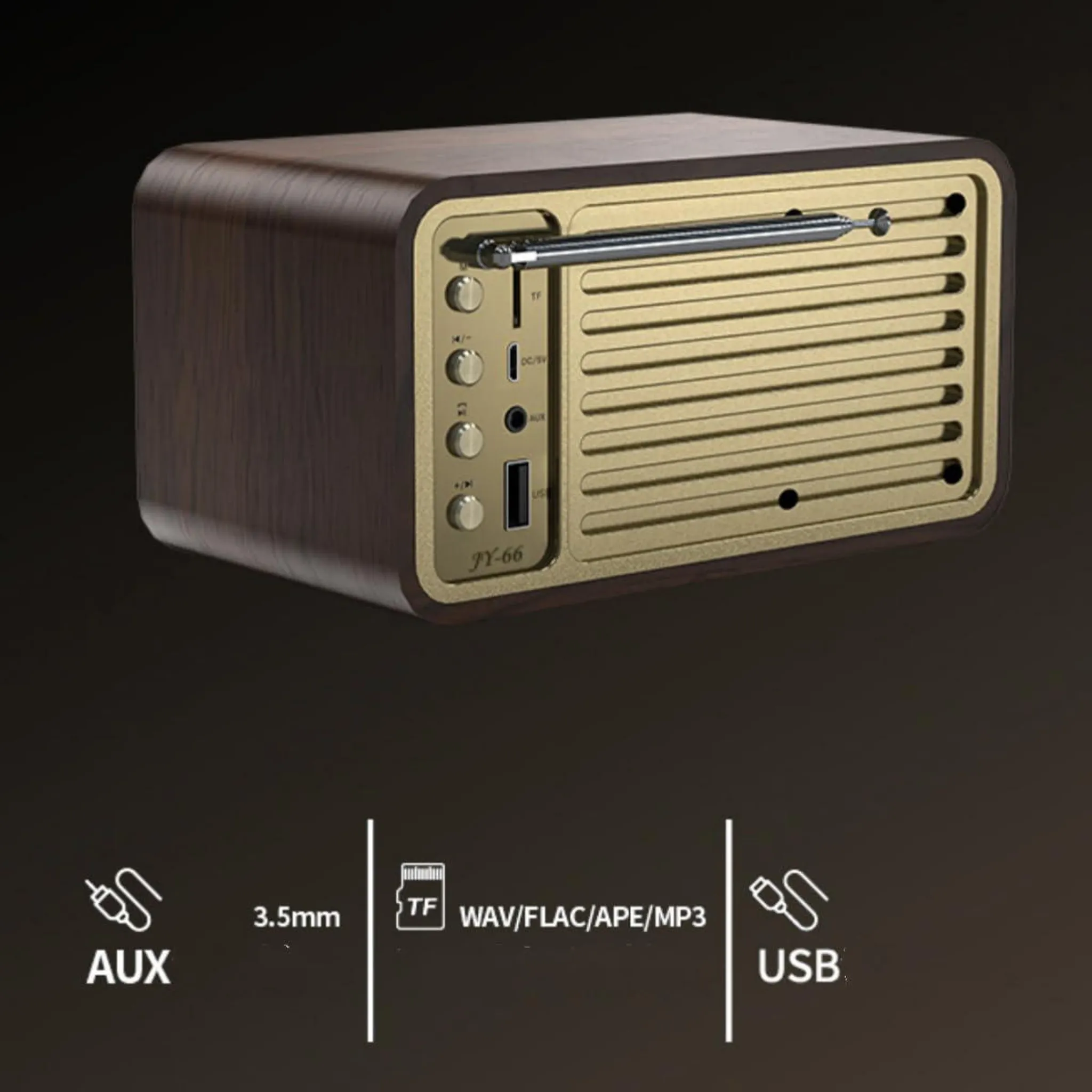 Vintage Holzradio mit goldenem Gitter, Antenne und Bedienknöpfen. Verfügt über AUX, USB, TF-Kartenslots.