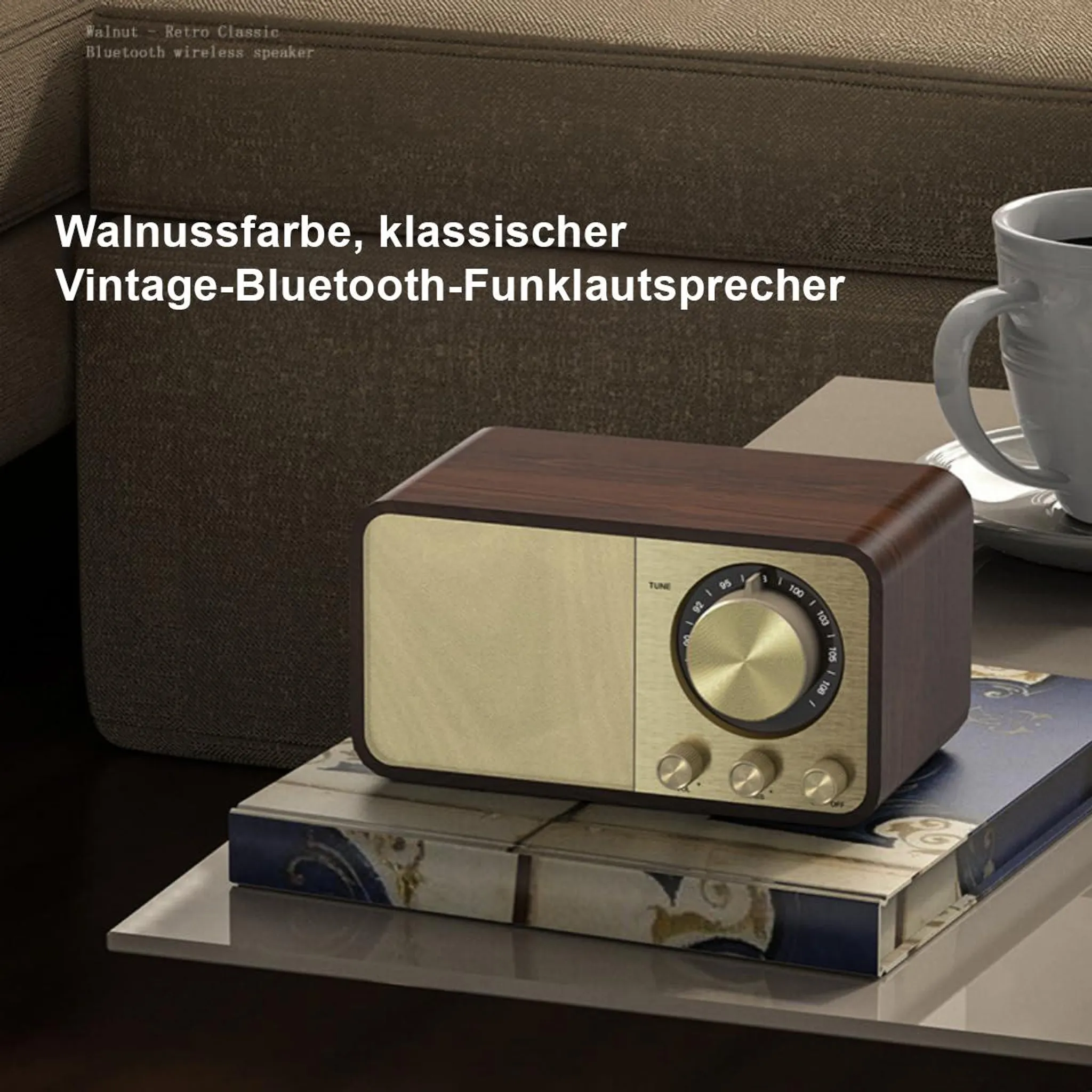 Ein brauner Vintage-Bluetooth-Lautsprecher mit goldenem Bedienfeld auf Büchern.