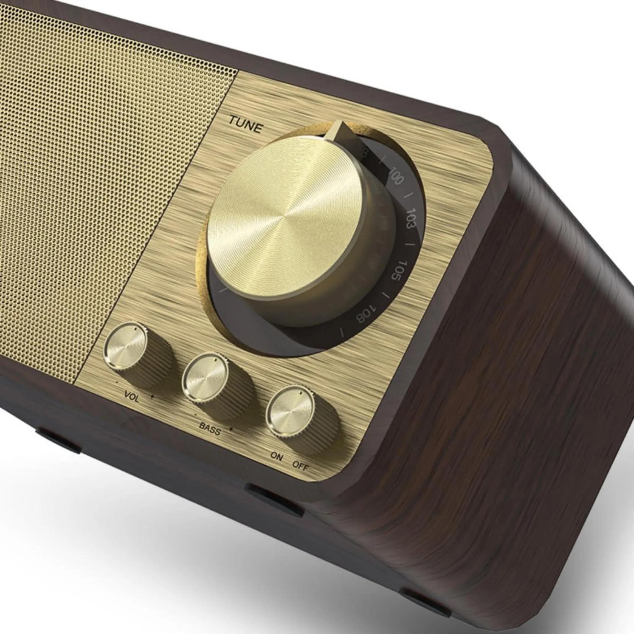 Ein Radio im Vintage-Stil mit Holzmaserung, goldenem Lautsprechergitter und drei Reglern.