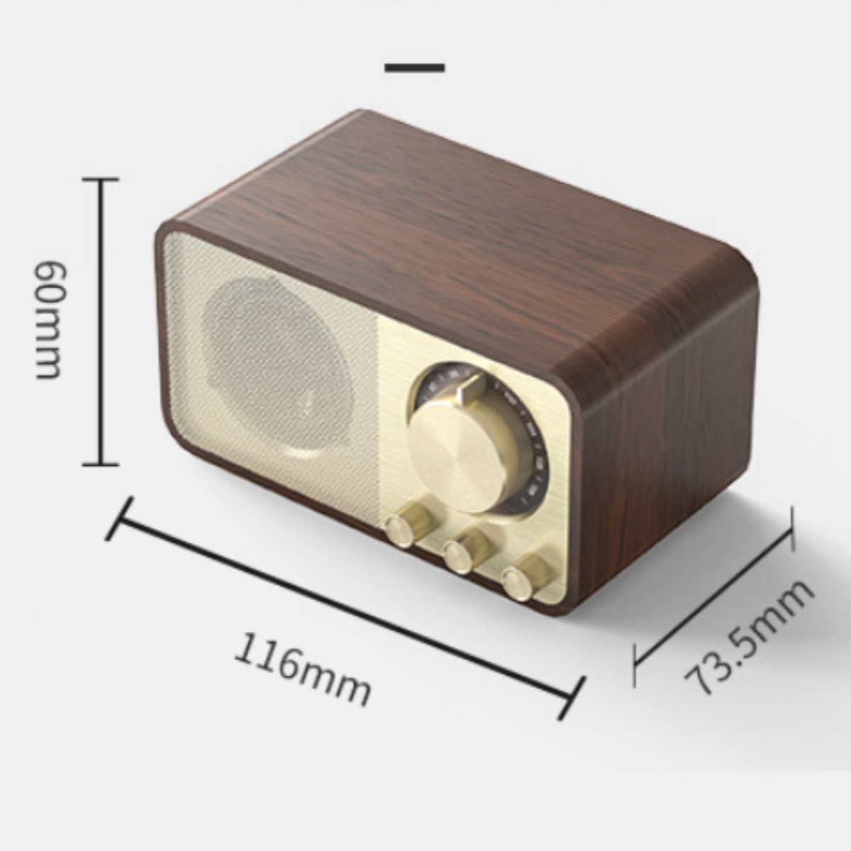 Ein Holzradio mit goldenen Knöpfen und Lautsprecher. Maße: 116x73.5x60mm.