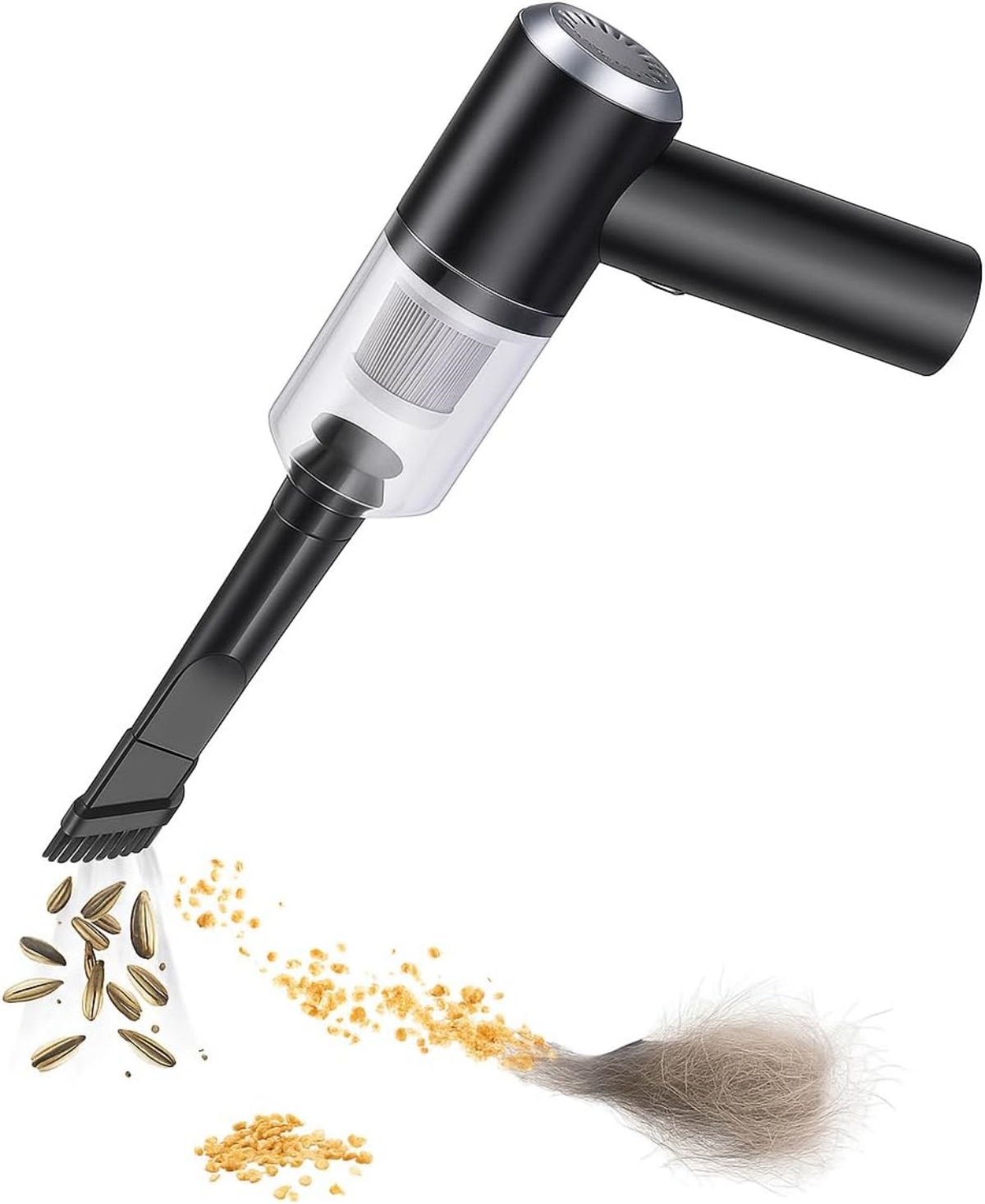 Ein schwarzer Handstaubsauger saugt Sonnenblumenkerne, Krümel und Haare auf.