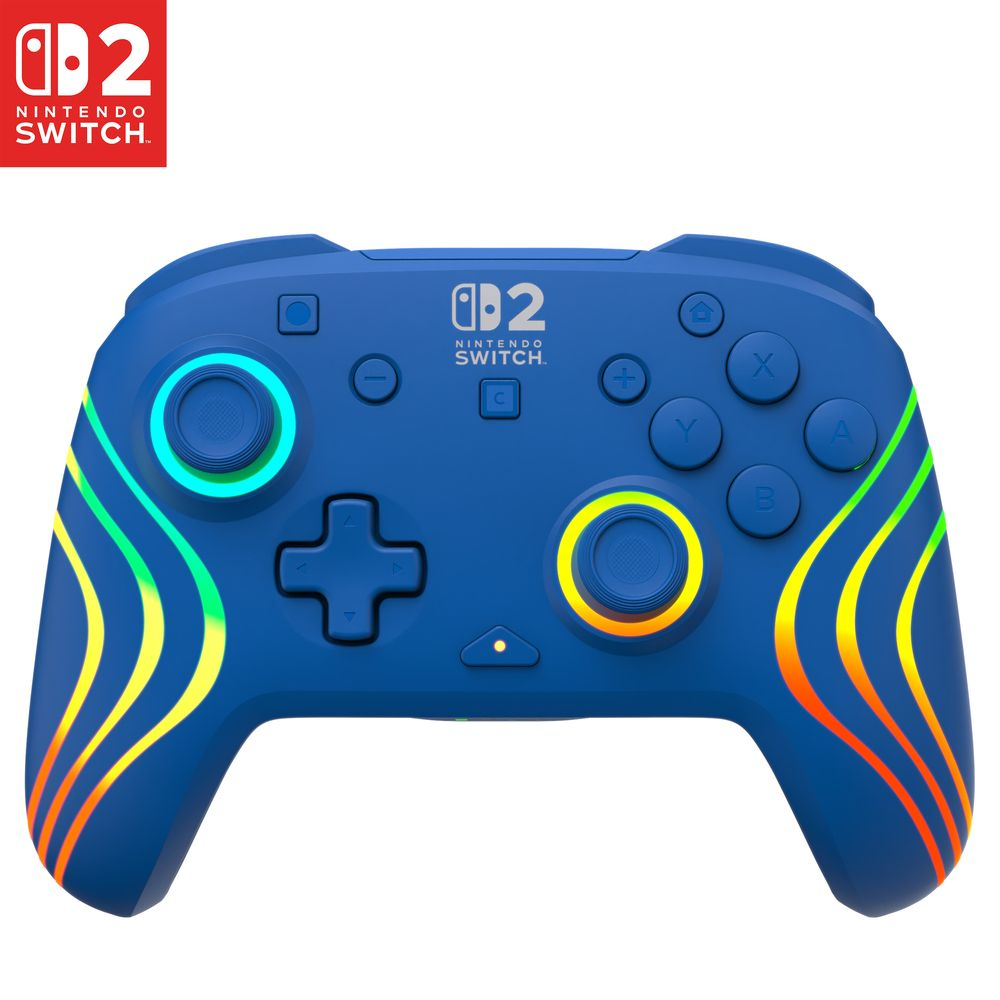 Ein blauer Nintendo Switch Pro Controller mit bunten Lichteffekten und dem 8BitDo Logo.
