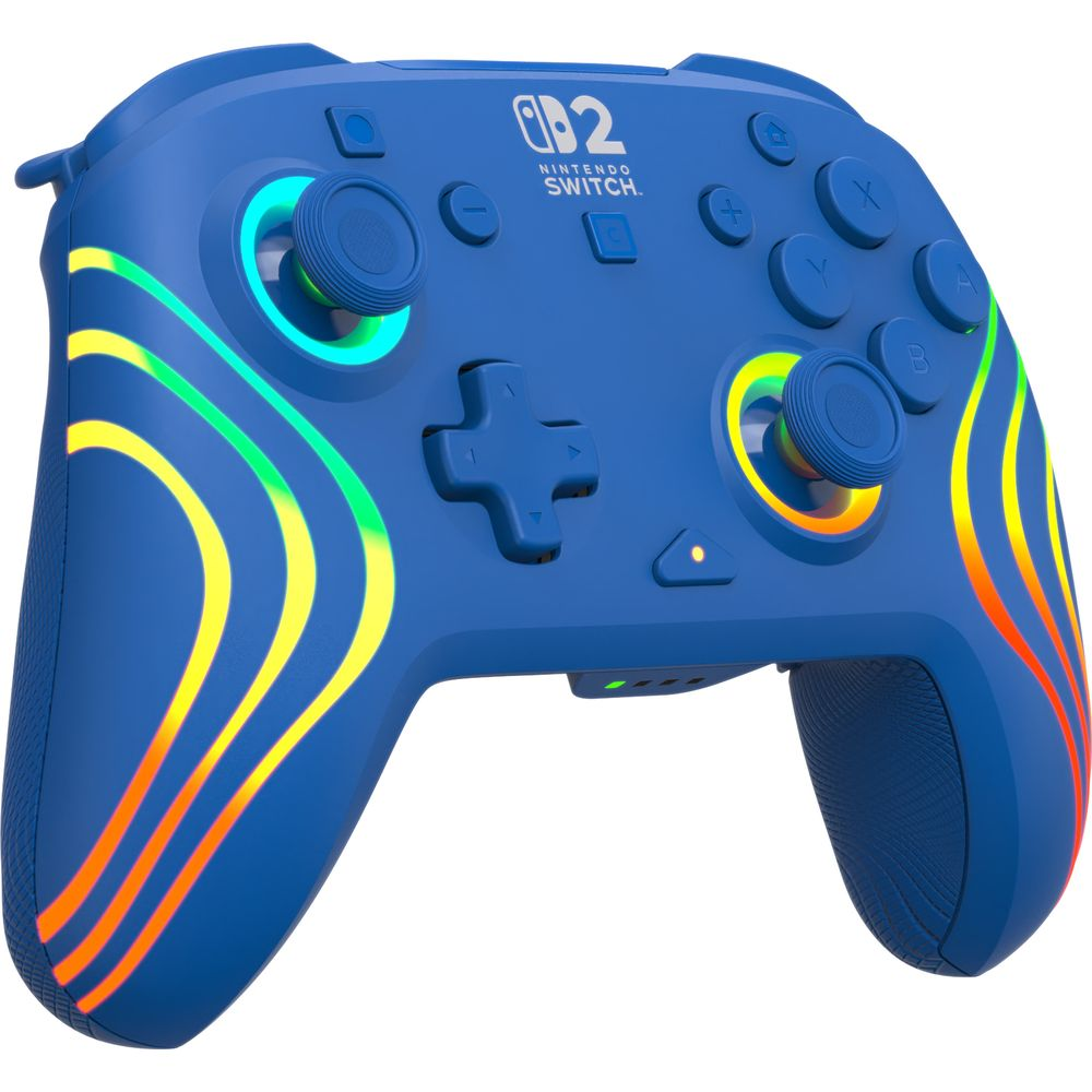 Ein blauer Nintendo Switch Controller mit bunten leuchtenden Streifen.