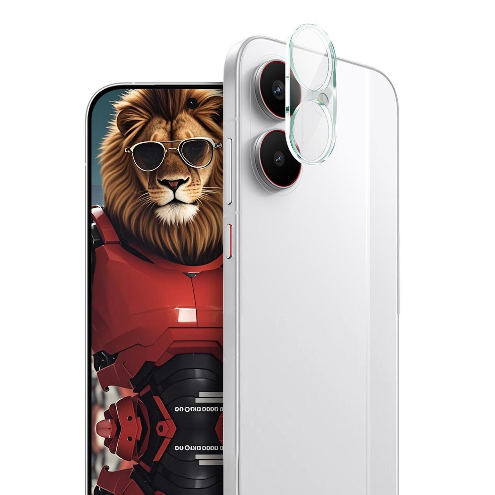 Un leone con occhiali da sole e abito rosso su schermo di telefono.