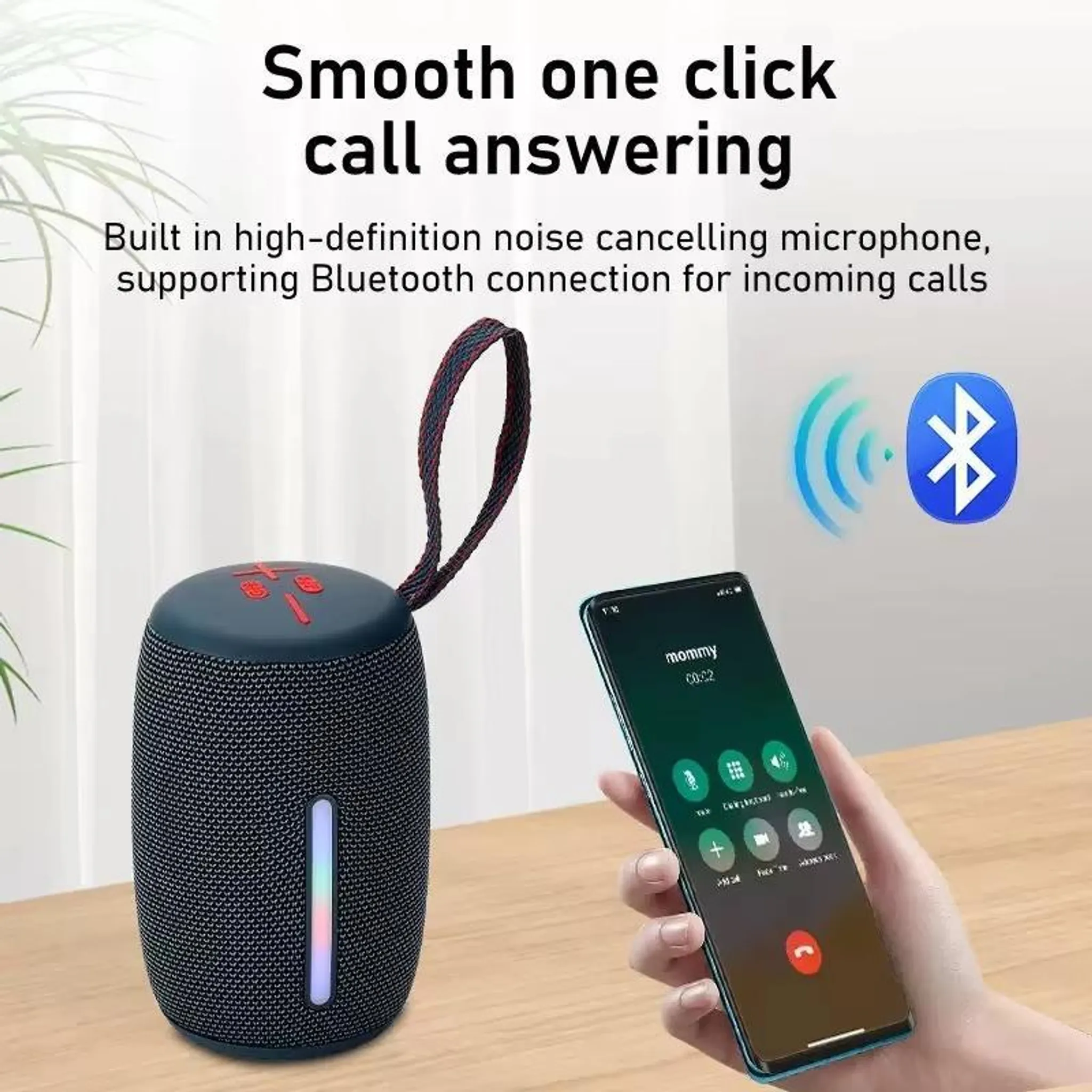 Ein schwarzer Bluetooth-Lautsprecher mit einem Smartphone, das einen Anruf anzeigt.