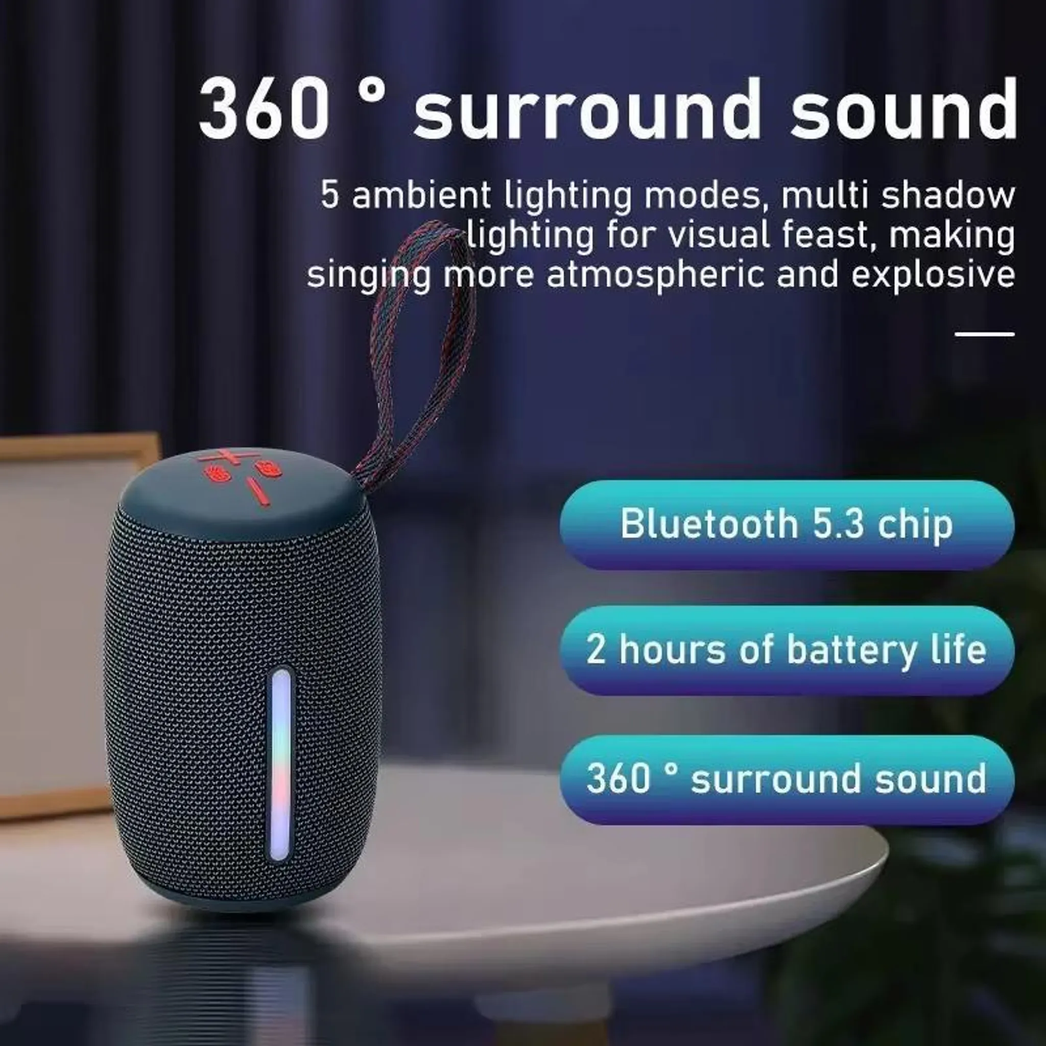 Ein dunkler Lautsprecher mit Lichterkette, Bluetooth 5.3, 2 Std. Akku.