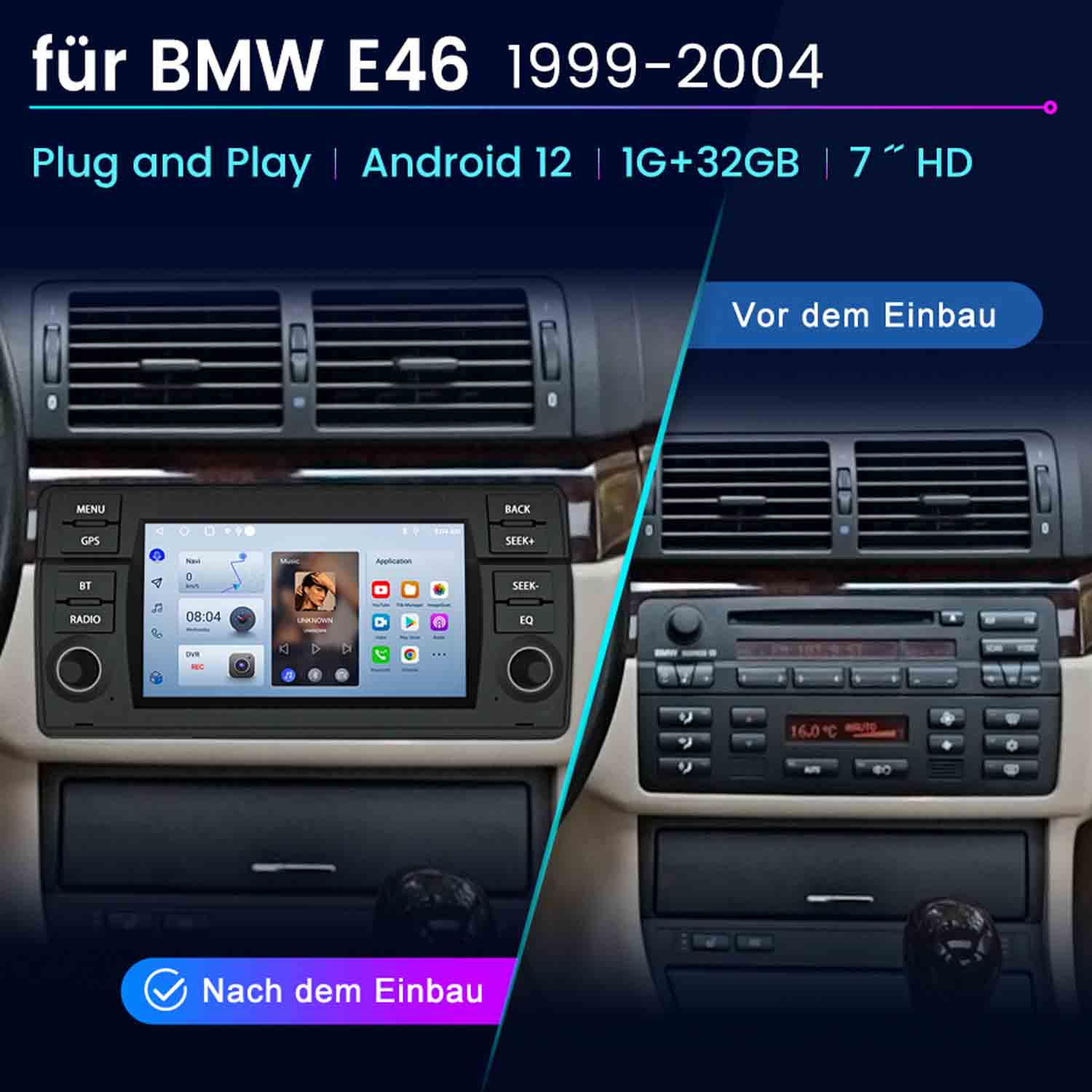 Vergleich eines BMW E46 Armaturenbretts vor und nach dem Einbau eines neuen Infotainmentsystems.