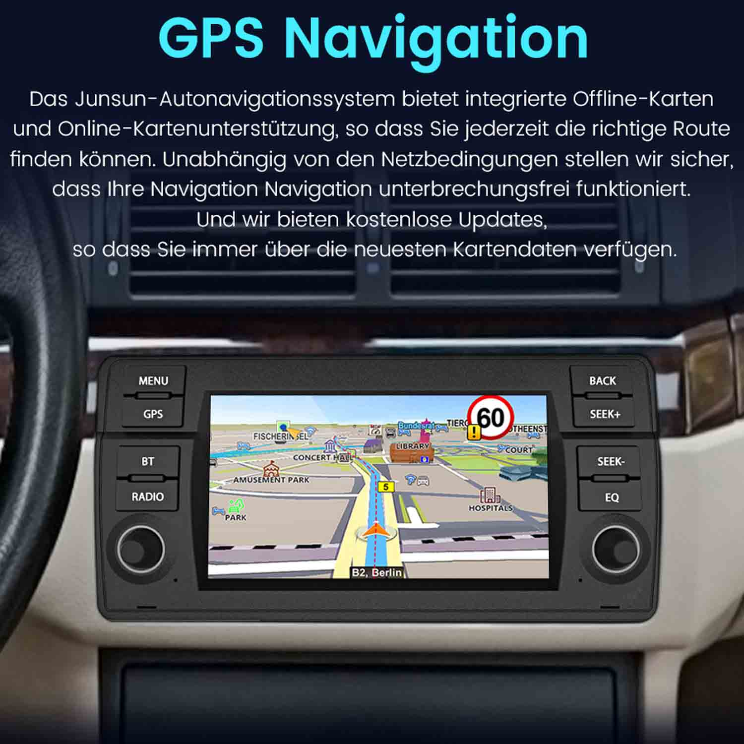 Ein GPS-Navigationssystem in einem Auto zeigt eine Karte mit einer Route und Verkehrsschildern.