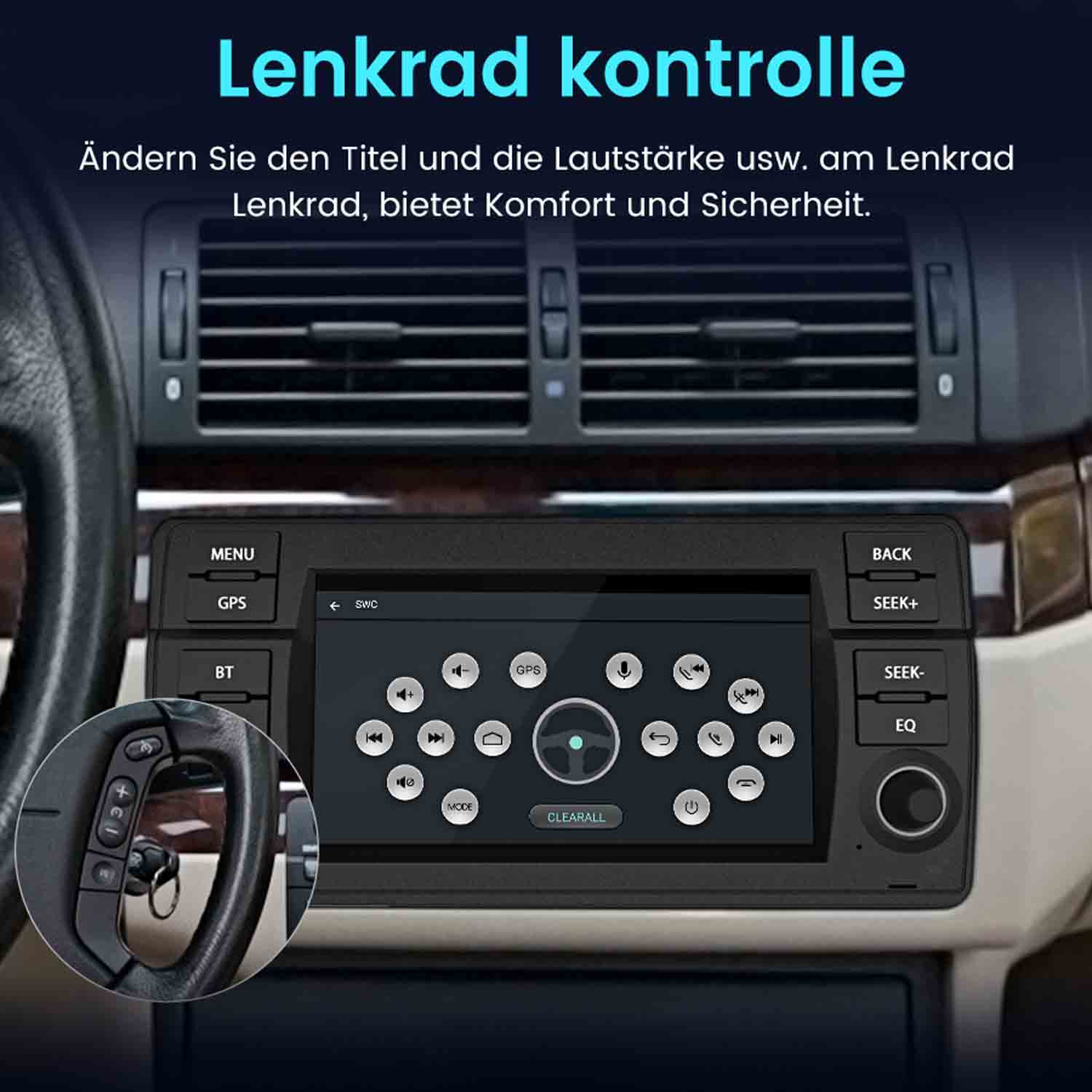 Ansicht des Lenkrads mit Touchscreen-Menü für die Steuerung von Medien und Navigation.
