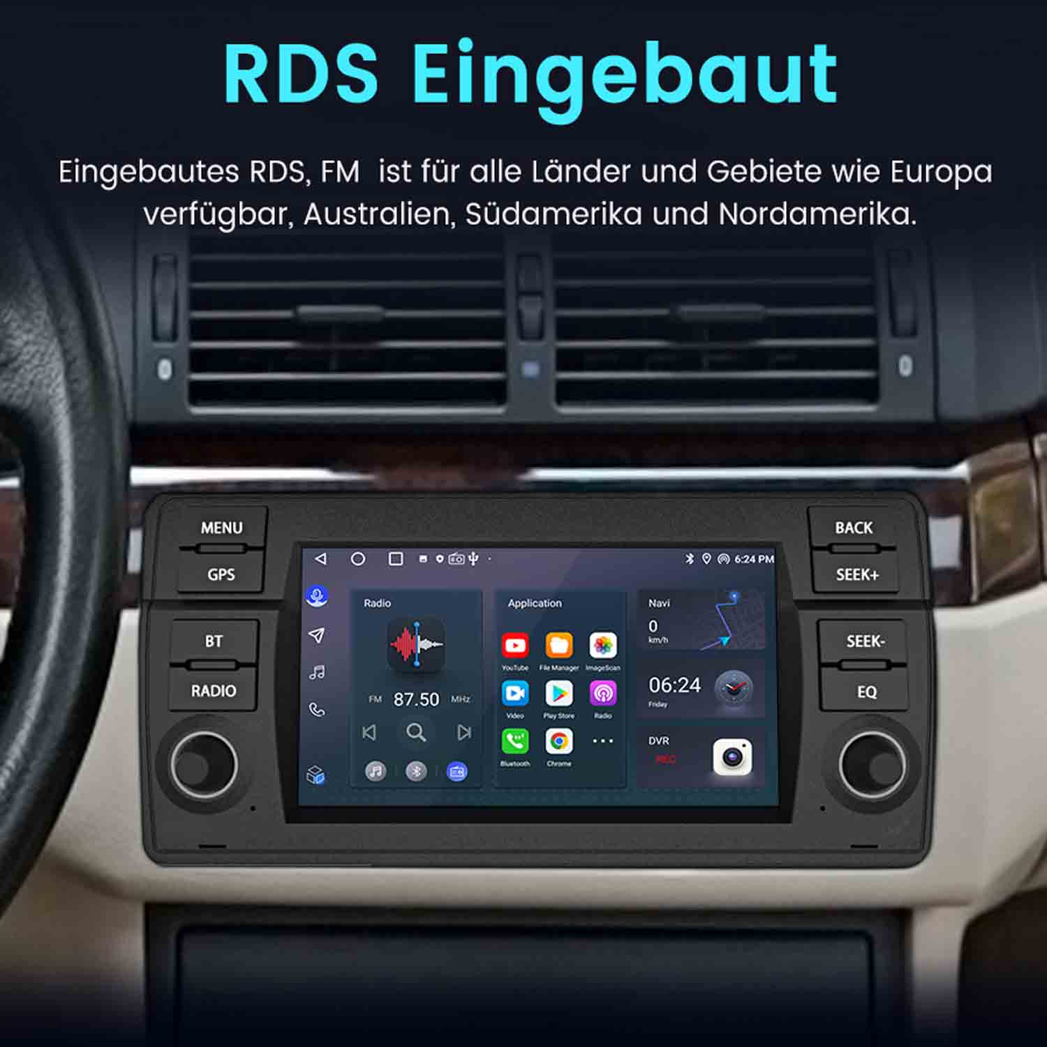 Einbau-Autoradio mit Touchscreen zeigt Radio-, Navi- und DVR-Apps.