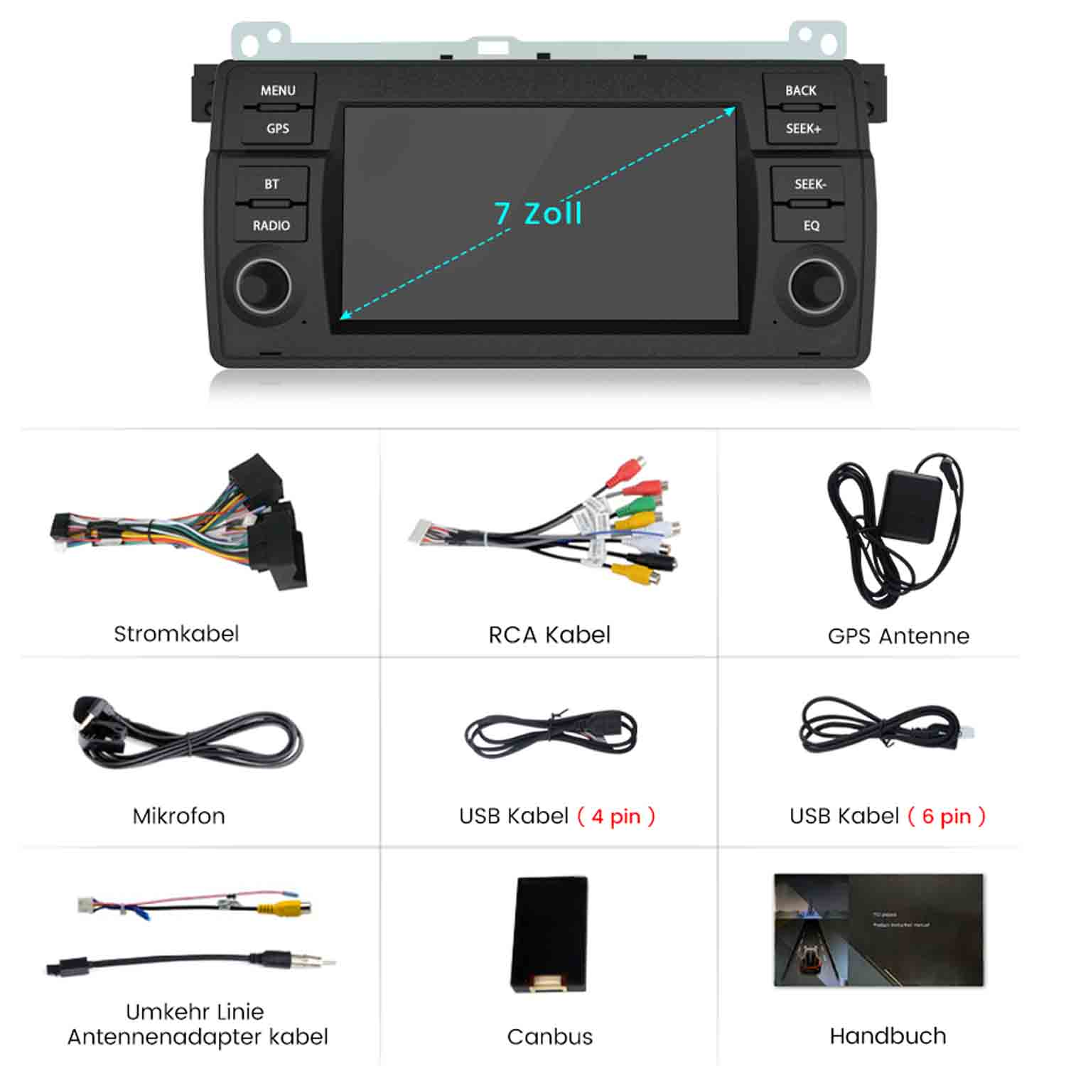 Ein 7-Zoll-Autoradio mit Zubehör: Kabel, Antenne, Mikrofon, Canbus, Handbuch.